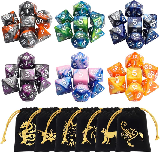 CiaraQ DND Polyhedral Dice Set (42pcs) with 6 Gold Pattern Drawstring Pouches for Dungeons and Dragons RPG MTG Table Games. 6 X 7 Double-Colors Dice Sets (D4 D6 D8 D10 D% D12 D20)