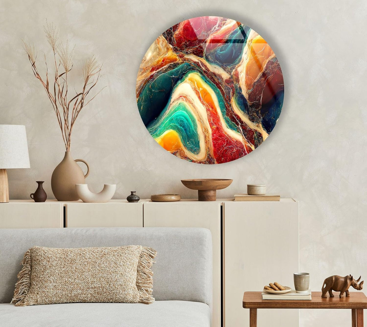 My Photostation.com 20''(50cm) Diameter Colorful Marble Swirl Round Wall Art Abstract Glass Decor with Earthy Tones & Gemstone Texture