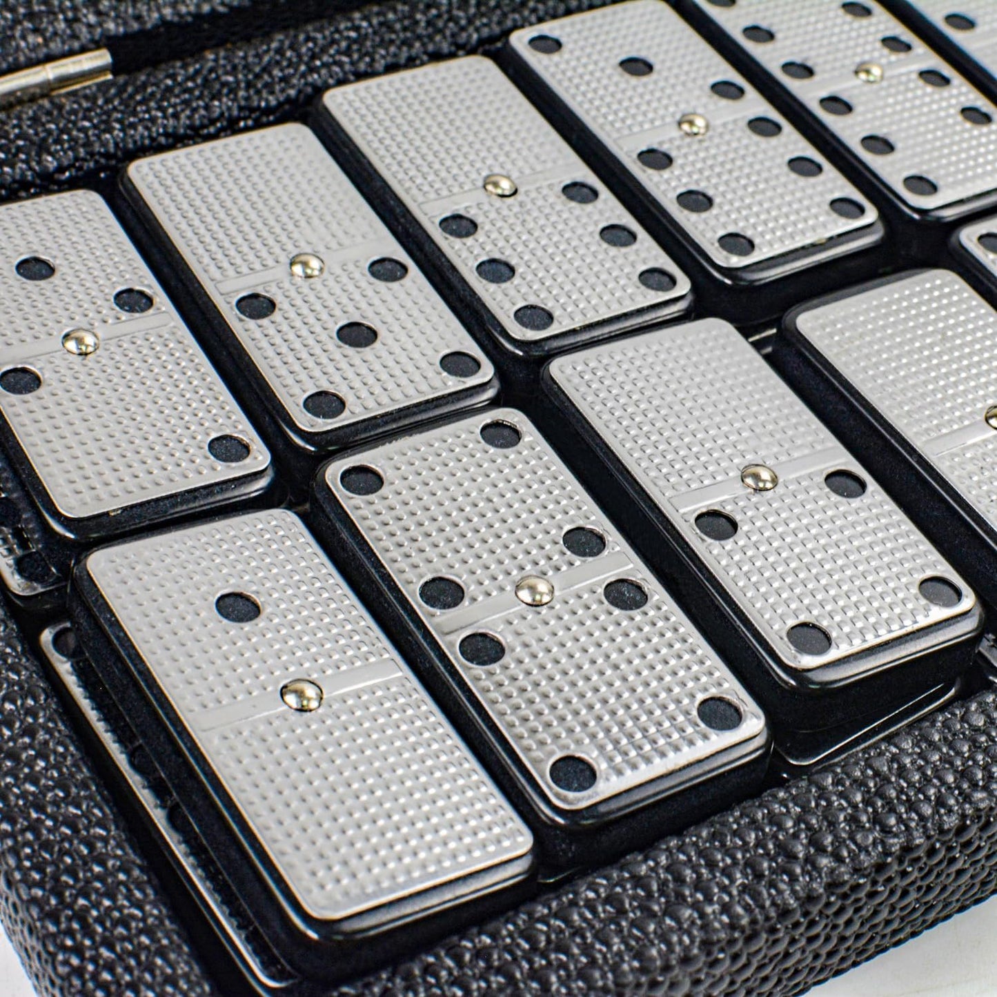 Bucher&Rossini Metal Surface Dominoes Set Double 6 - Classic Black Domino's Game Set with Silver Metal Surface for Adults and Kids Ideal Gift for Domino Players or Family Game Night
