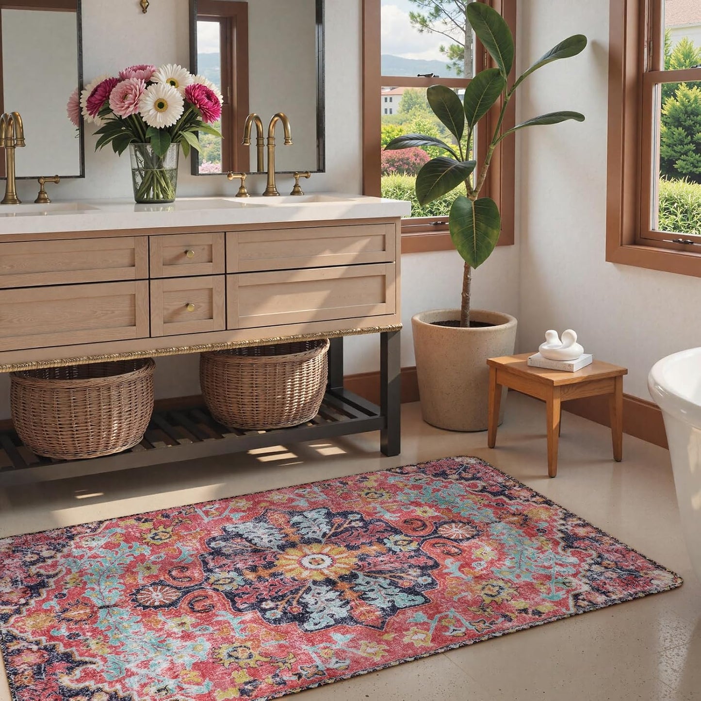 Lahome Bohemian Floral Medallion Area Rug - 3x5 Hot Pink Rug for Girls Room Front Entry Mat, Non-Slip Machine Washable Soft Throw Carpet for Bathroom Apartment Entrance Laundry, Fuchsia/Multi