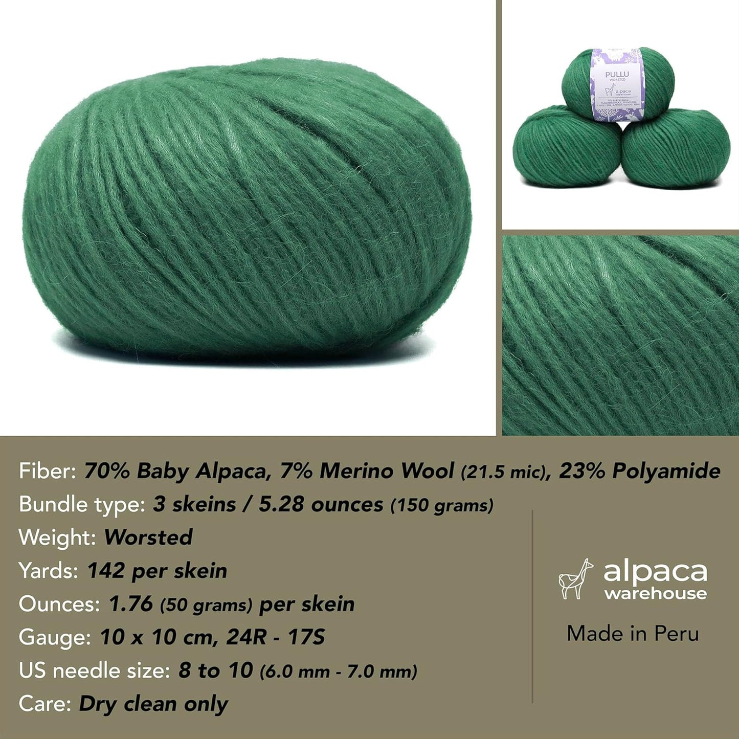 Pullu - Baby Alpaca Merino Wool Yarn Set of 3 Skeins (150 Grams) Worsted Weight - Sourced Directly from Peru - Heavenly Soft and Perfect for Knitting and Crocheting (Christmas Green)