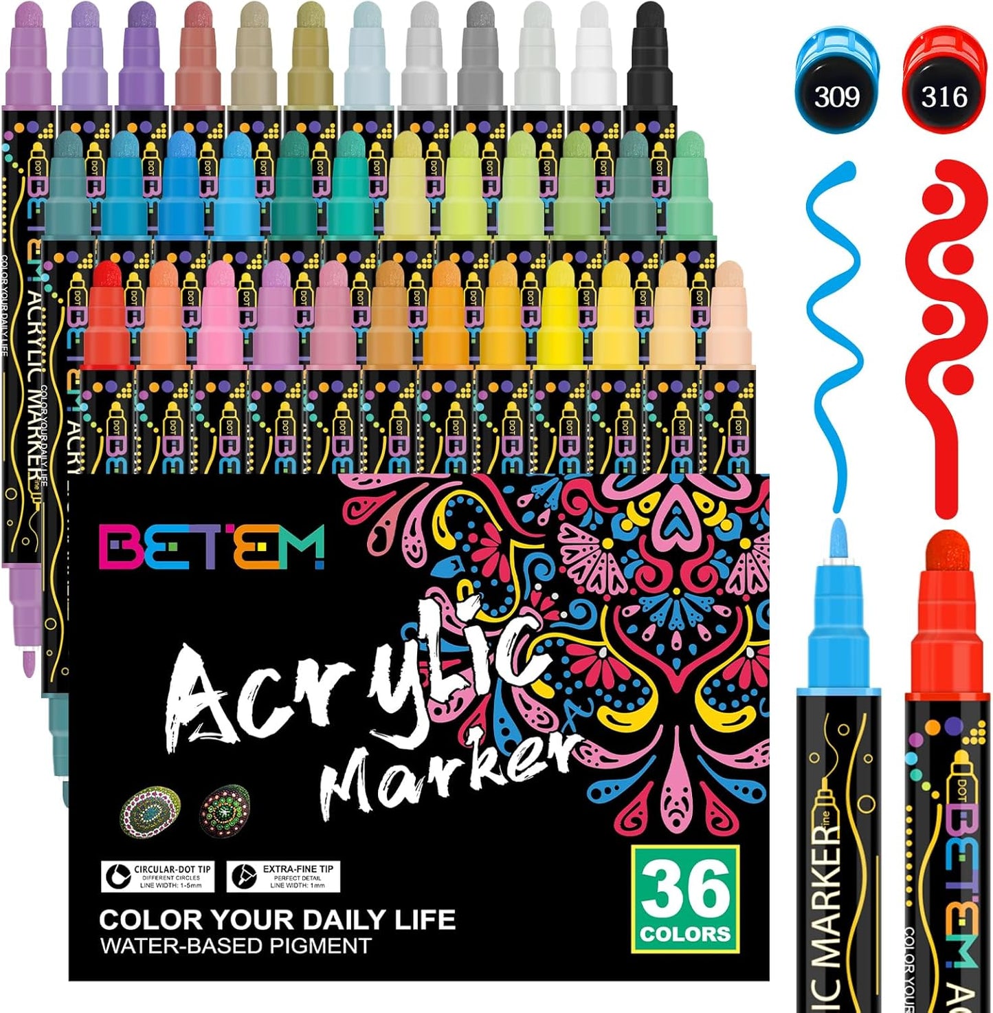 Betem 36 Colors Dual Tip Acrylic Paint Pens Markers, Premium Acrylic Paint Pens for Wood, Canvas, Stone, Rock Painting, Glass, Ceramic Surfaces, DIY Crafts Making Art Supplies