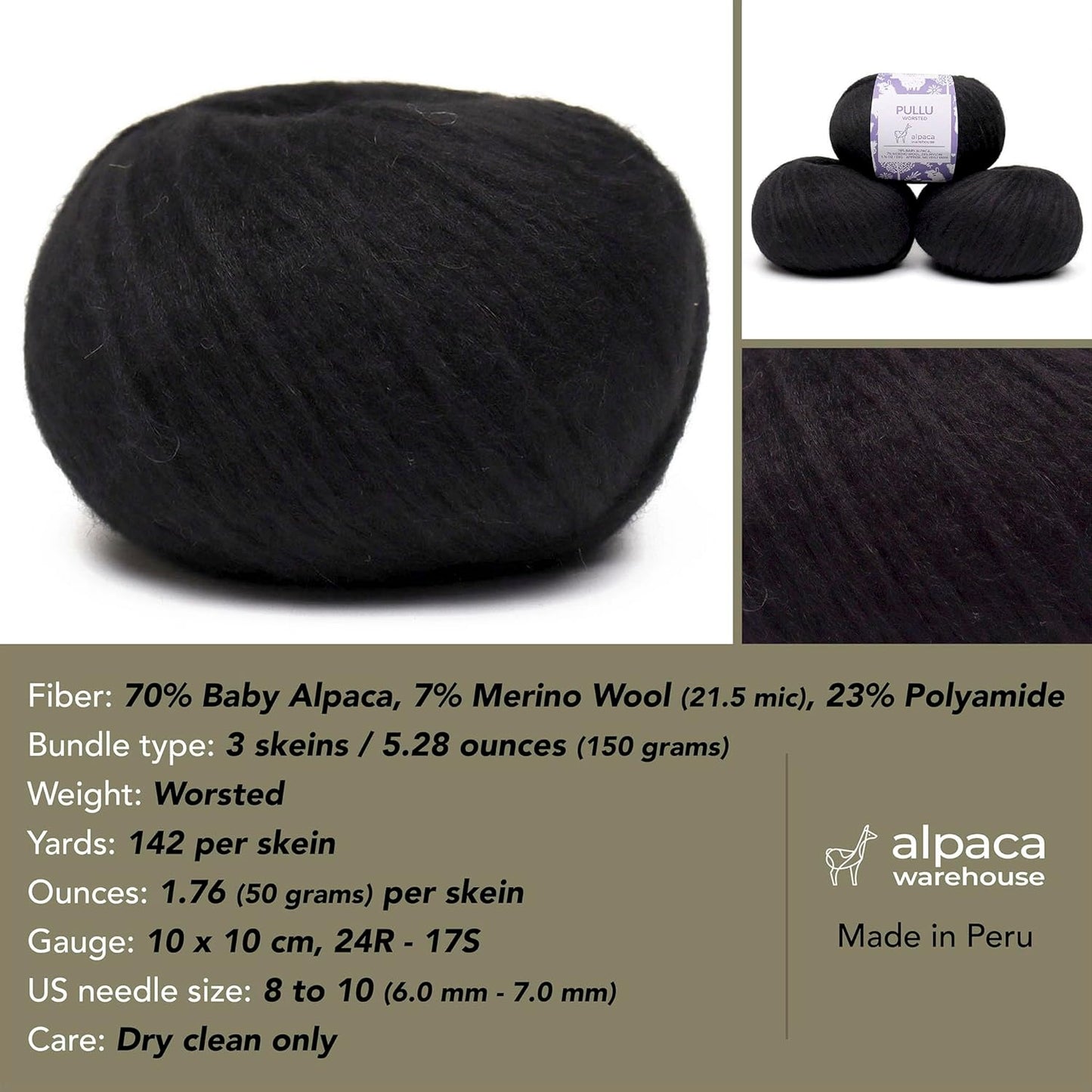 Pullu - Baby Alpaca Merino Wool Yarn Set of 3 Skeins (150 Grams) Worsted Weight - Sourced Directly from Peru - Heavenly Soft and Perfect for Knitting and Crocheting (Black)