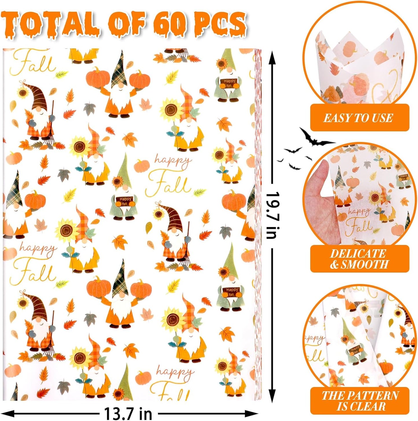 Azurestore 60 Sheets Fall Tissue Paper, Orange Gnomes Patterns Gift Tissue Paper for Gift Bags & Gifts Wrapping, Pumpkin Leaves Print Art Packaging for Autumn Harvest Thanksgiving Party Decor Craft