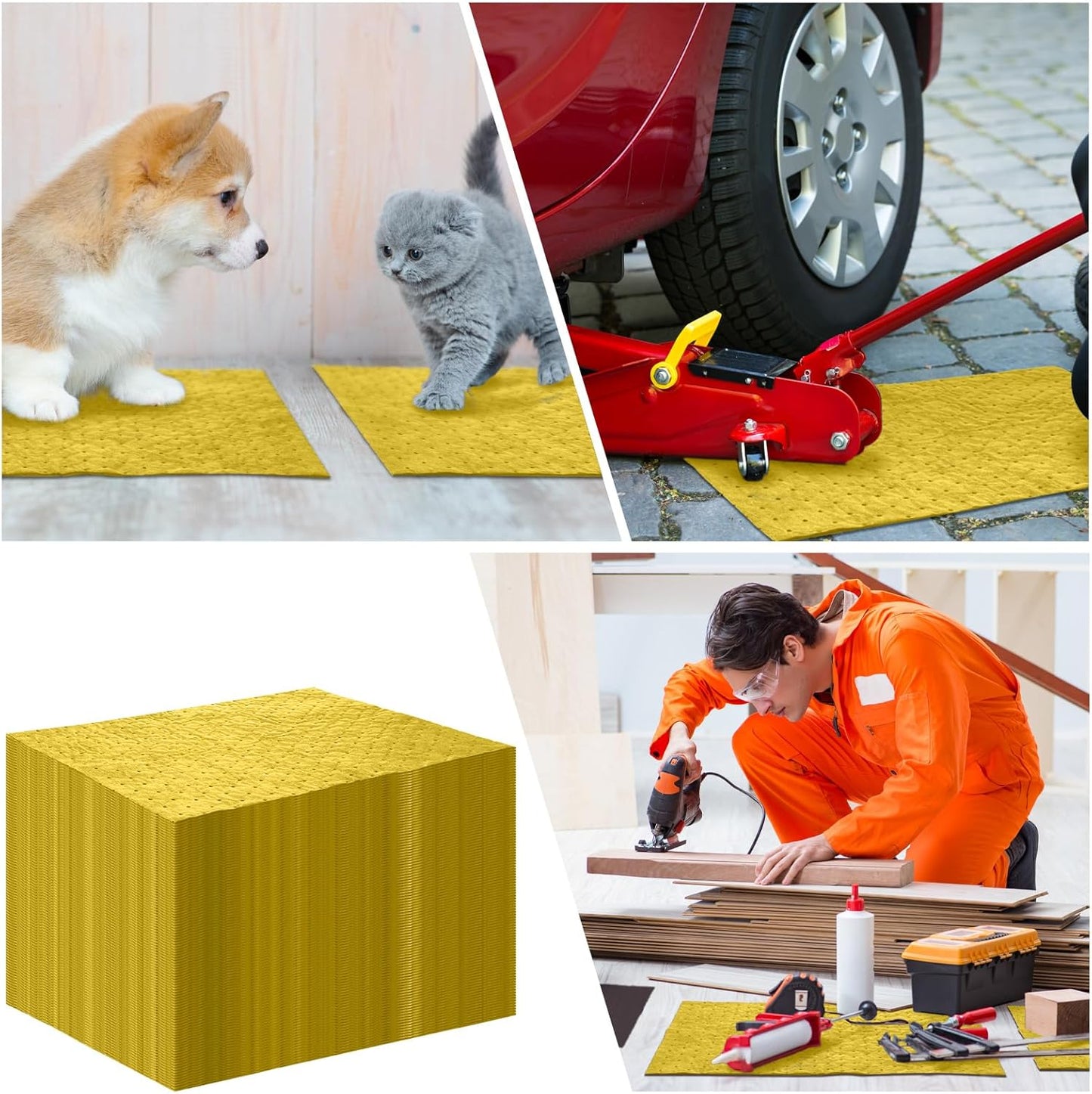 Hoolerry 100 Pcs Oil Absorbent Pads Weight Dimpled Pad Garage Accessories Water Absorbent Mat Oil Spill Mat for Absorbing Protecting Home Garage Basement (9.8 x 13 Inch,Yellow)