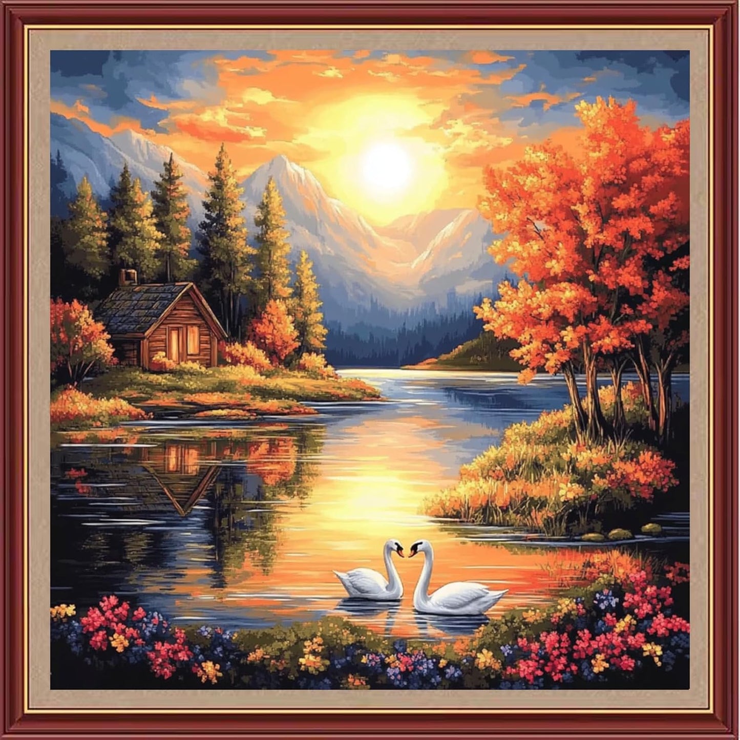 DMCXART Counted Cross Stitch Kits for Adults Needlepoint Kits Unprinted Cross Stitching Embroidery Kit 11CT Cross Stitch Supplies-Sunrise Scenery by The Lake 18x18 inch