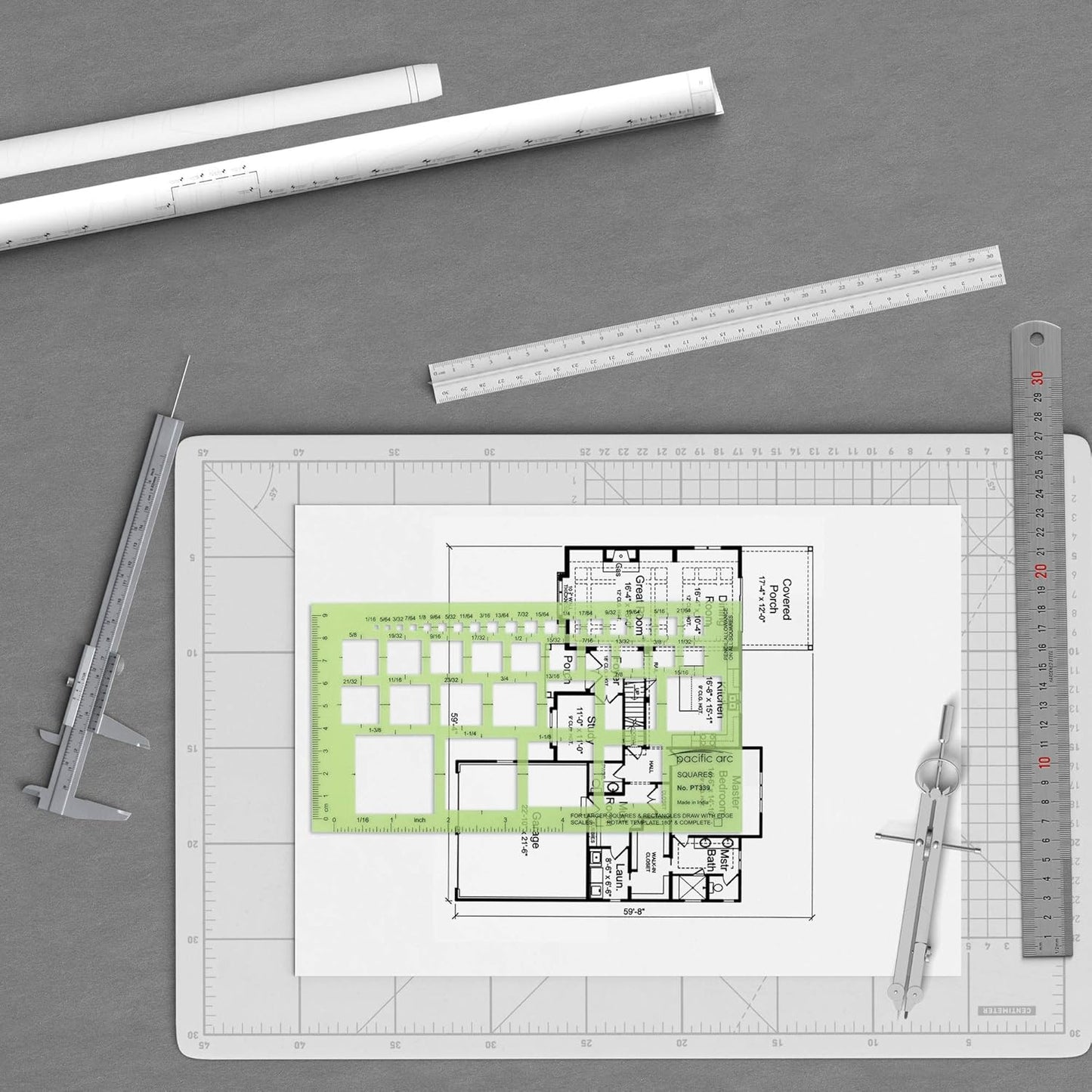 Pacific Arc Squares Template Guide, 39 Squares ranging from 1/16 inch to 1 and 3/8 inch