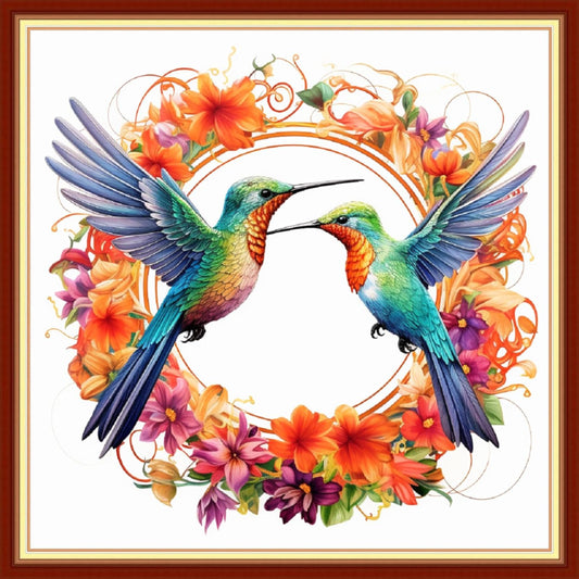 Joyhoor Cross Stitch Kits for Beginners Stamped Cross-Stitch Supplies Needlework preprint Embroidery Kits for Adults DIY Needlepoint Kits Embroidery Patterns 11CT-Hummingbird Wreath 18x18 inchs