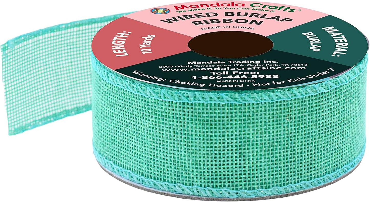 Mandala Crafts Turquoise Burlap Wired Ribbon 1.5 Inches Wide Jute Ribbons for Crafts - 10 Yds Roll Rustic Burlap Wrap Trim Ribbons for Wreaths Bows Party Decoration