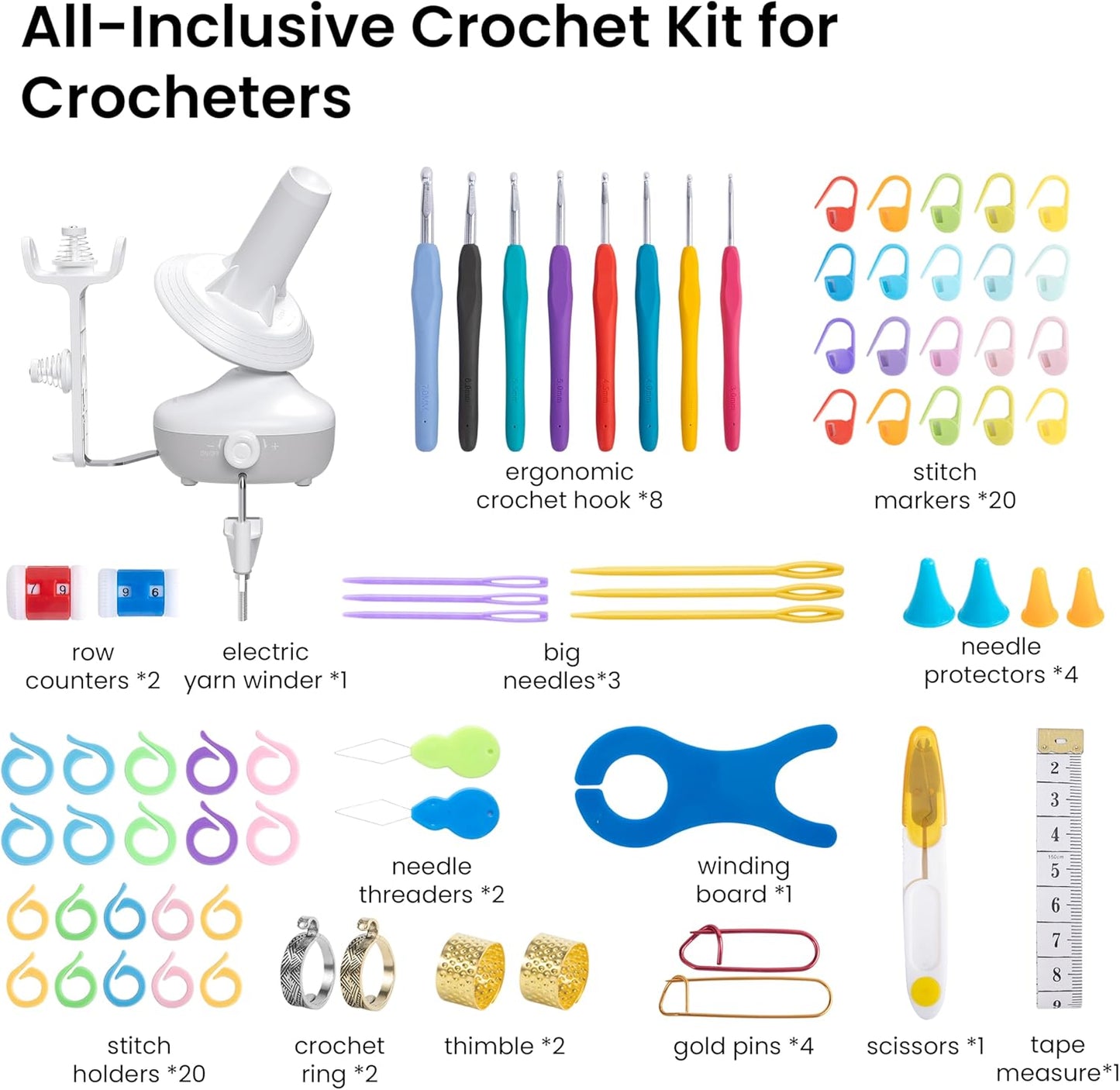 Etcokei Yarn Winder Crochet Kit, Electric Ball Winder for Knitting, Automatic Yarn Spinner Winder with Crochet Hook Set, Crochet Accessories, Ideal Helper for Knitting Lovers(White)