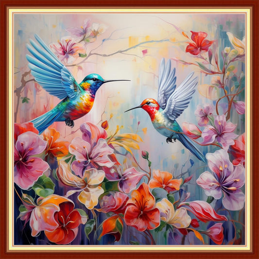 Dooxvey Cross Stitch Kit for Adults Beginners - Stamped Needlepoint Embroidery Pattern - Hummingbird Couple 18x18 Inch 11CT