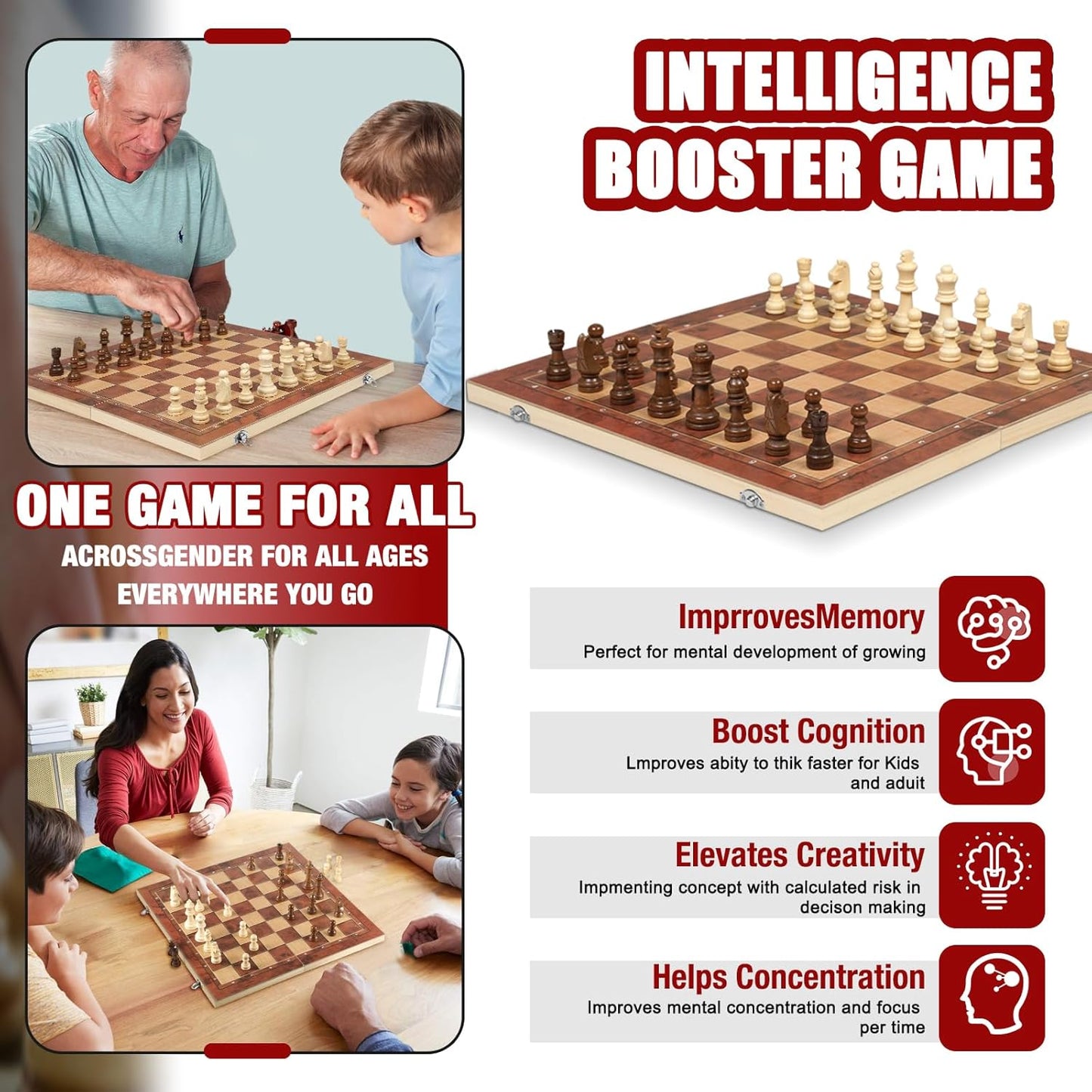 Chess Checkers Backgammon 3-in-1 Board Games Sets, Wooden Chess Set for Adults & Kids, 17.2" Lightweight Checkers Board Game,Strategy Backgammon Sets for Adults, Travel Chess Board Game Pieces Storage