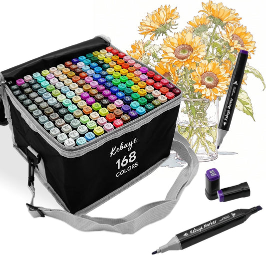 168 Colors Alcohol Markers Set, Professional Drawing Markers for Artist Adult Coloring Books Black Permanent Dual Tip Art Markers with Holder, Coloring Marker for School Sketching Coloring