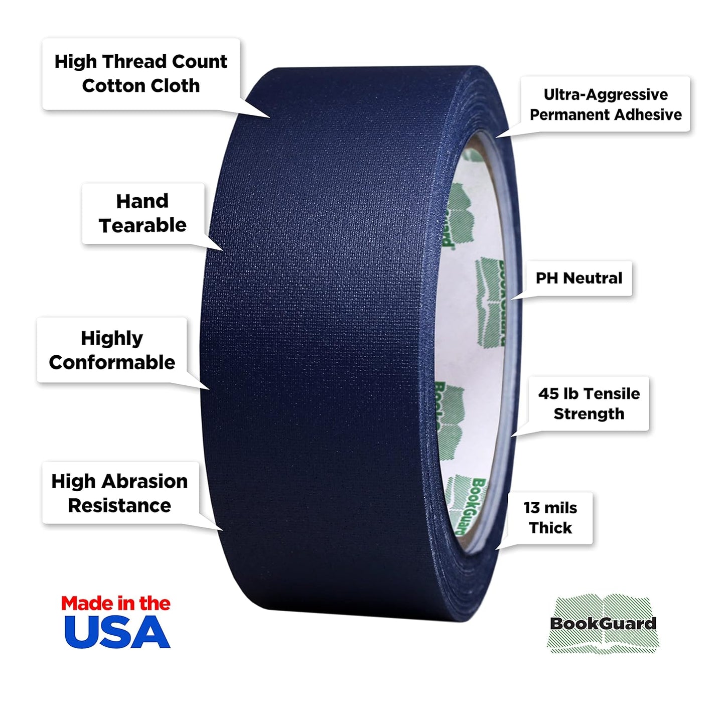 BookGuard 1-1/2 Inch Vinyl-Coated Cotton Cloth Bookbinding Repair Tape, 15 Yard Roll, Navy Blue