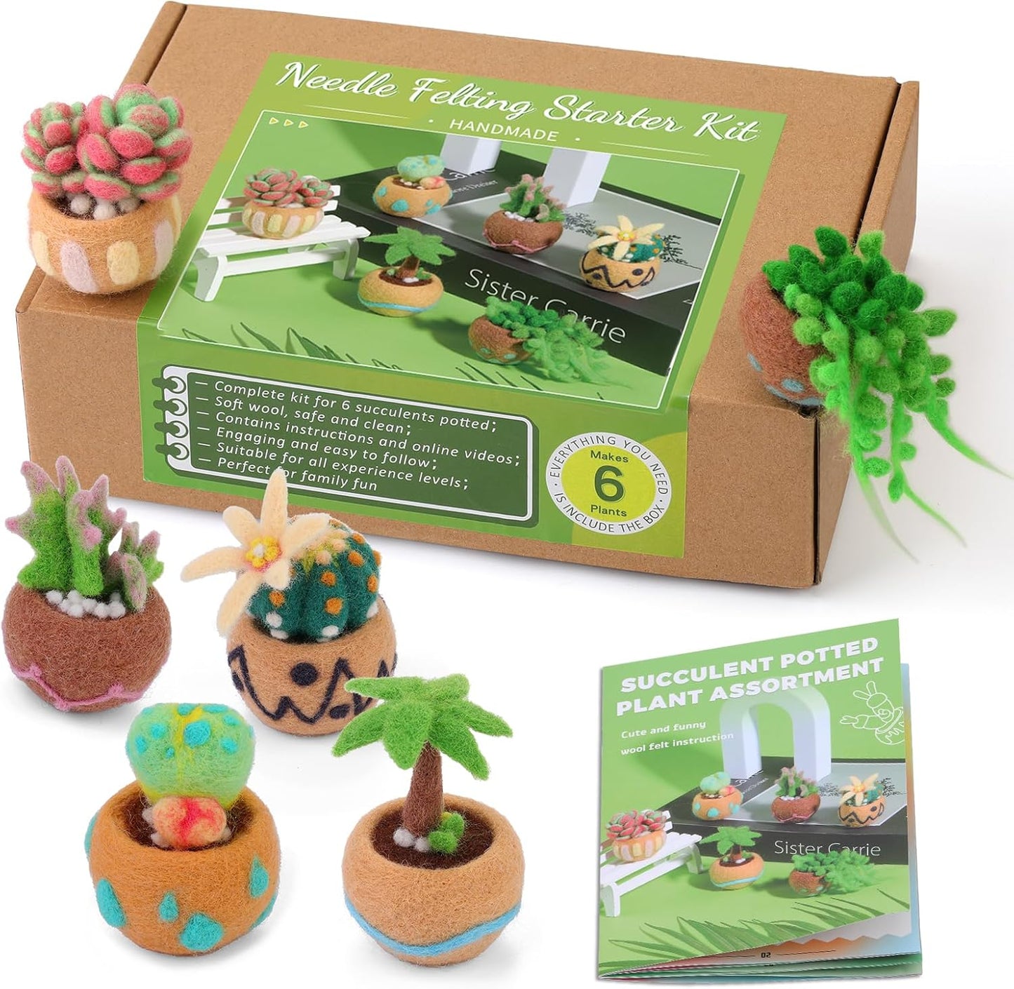Yizzvb Needle Felting Kit, 6 Pcs Succulent Felting Kit for Beginner, Felting Kit, Needle Felting Tools Including Wool Roving, Foam Mat, Felting Needles and Instructions for DIY Felting Starters