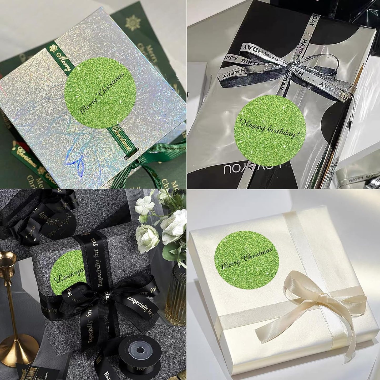 3" Holographic Thermal Label Stickers, Round Direct Thermal Label Stickers, Glitter Thermal Printer Sticker Labels for Gift Wrapping, Self-Adhesive Custom Logo Design- Glitter Green