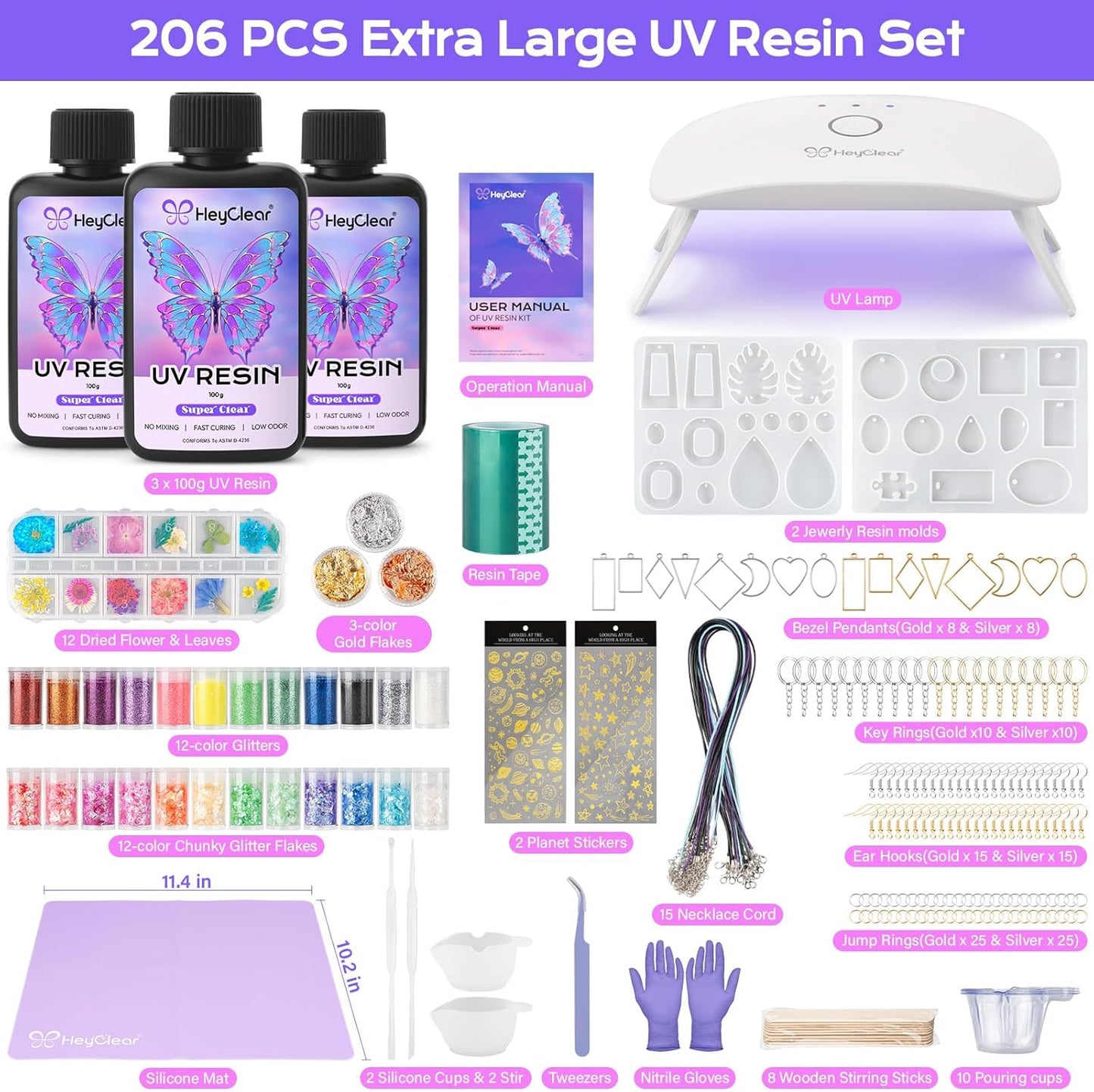 HeyClear UV Resin Kit with Molds and UV Light for Jewelry Making -300g Super Clear, Hard, Low Odor, Premixed and Fast Curing for Earrings, Craft Decorations, DIY Creation Gifts