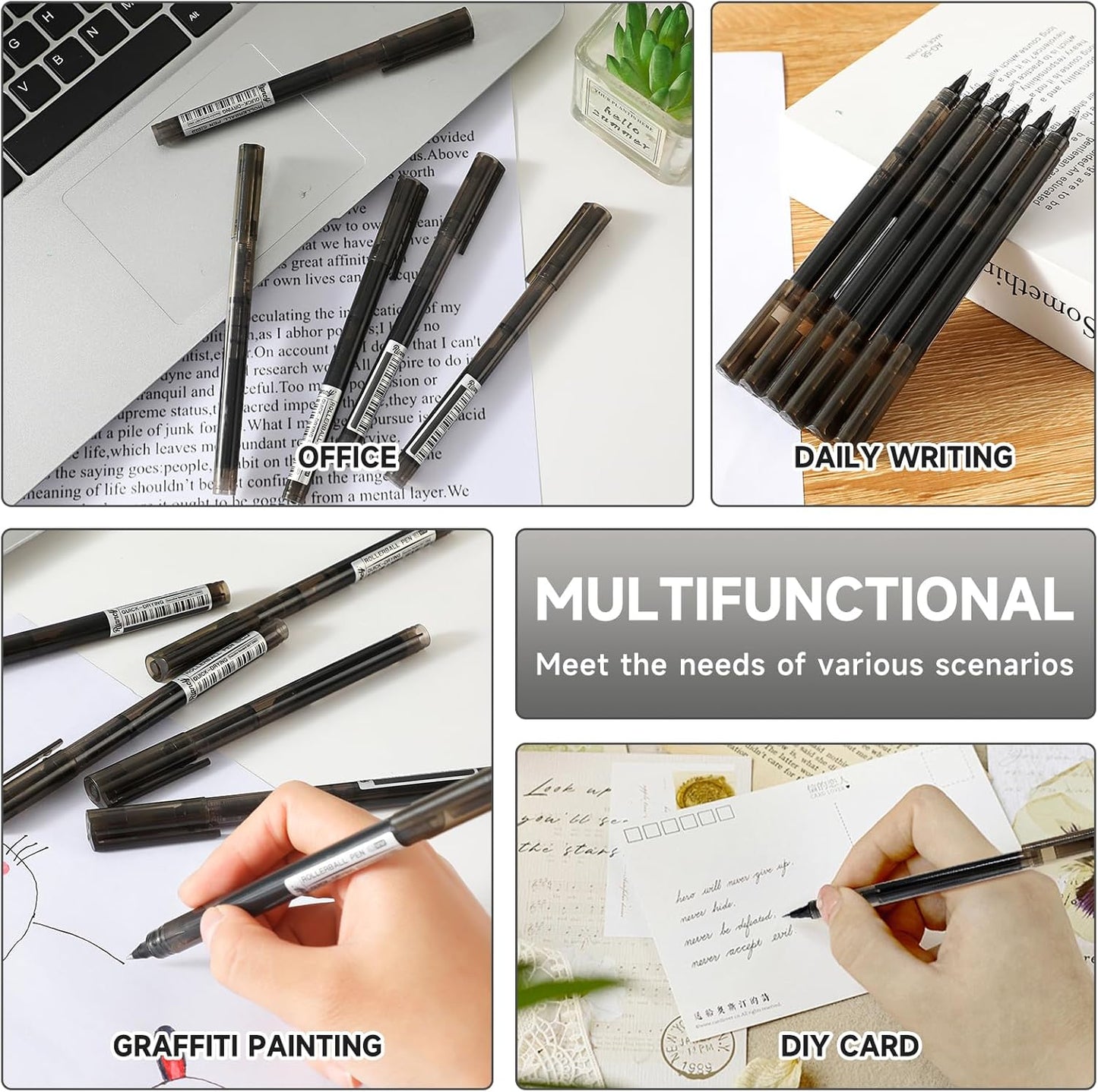 RIANCY Black Fine Point Gel Pens 12Pcs 0.5mm Gel Ballpoint Pens Black Liquid Ink Pens No Smear No Bleed, Smooth Writing Pen for Journaling Note Taking Drawing Sketching Coloring Office School Supplies