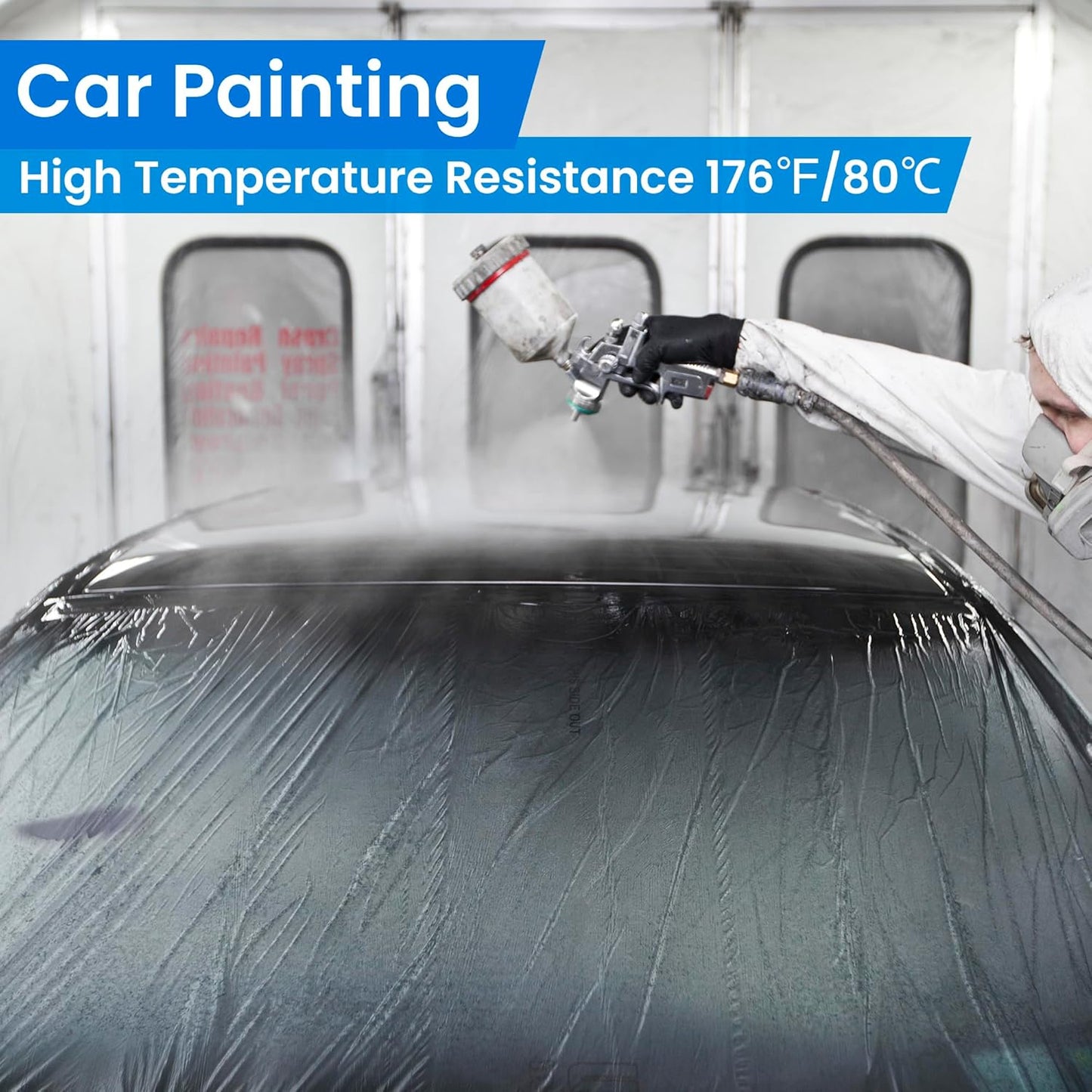 TAPEBEAR Upgrade Pre-Taped Masking Film Extra Thick, High Temp Tape and Drape 55" x 90', Plastic Cover for Automotive, Painting, Plastic Sheeting Masking Tape Film for Auto, Floor, Furniture, 4Rolls