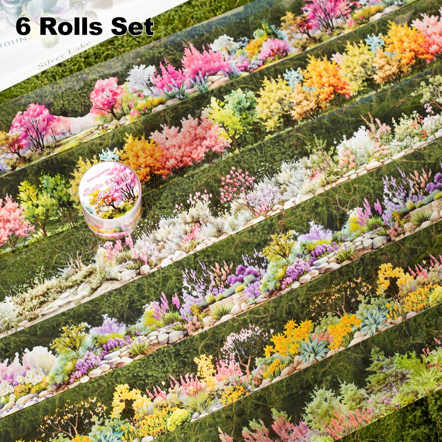 6 Rolls Transparent Floral and Botanical PET Tape Set, Landscape Stickers for Journaling, Scrapbooking, and DIY Crafts, with Decorative Clip