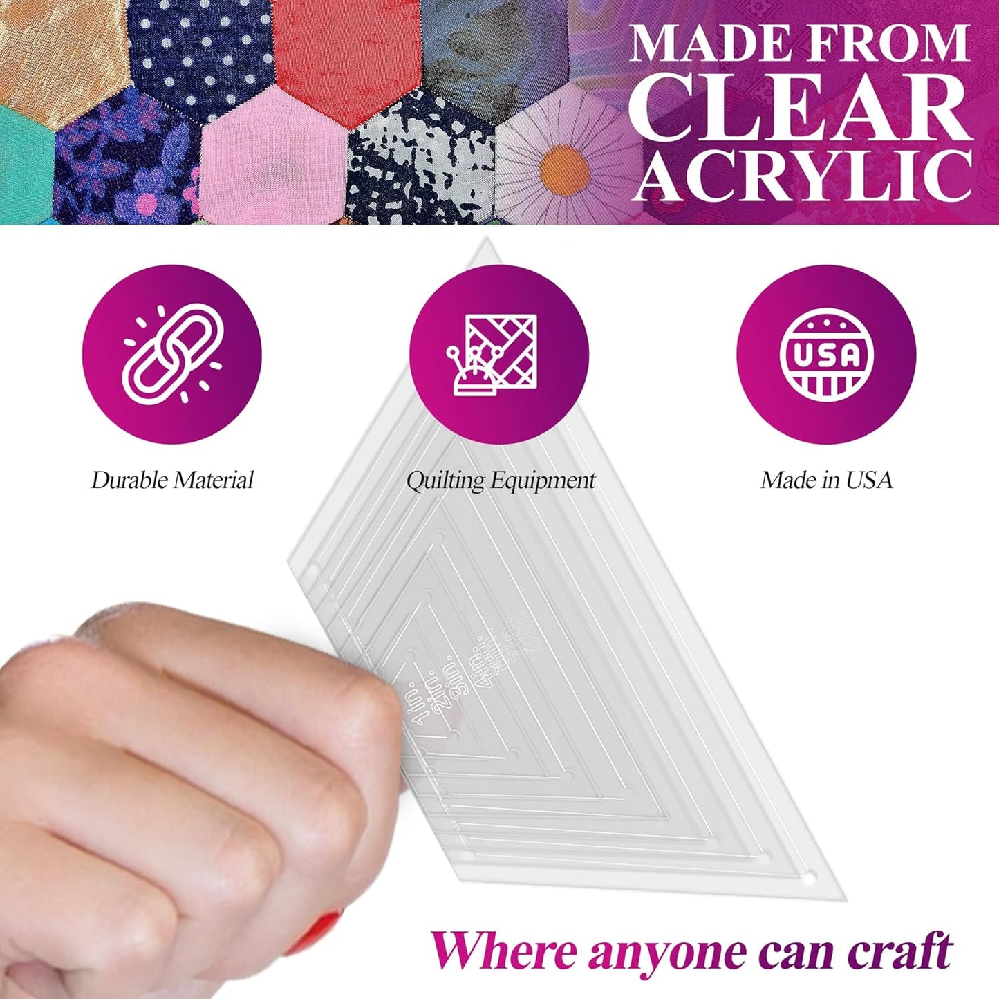 Hexagon Quilting Template Set - 8", 7", 6", 5", 4", 3", 2", 1" Sizes with 1/4" Seam Allowance - Durable Acrylic Templates for Quilting, Patchwork, Crafting, & Sewing Projects