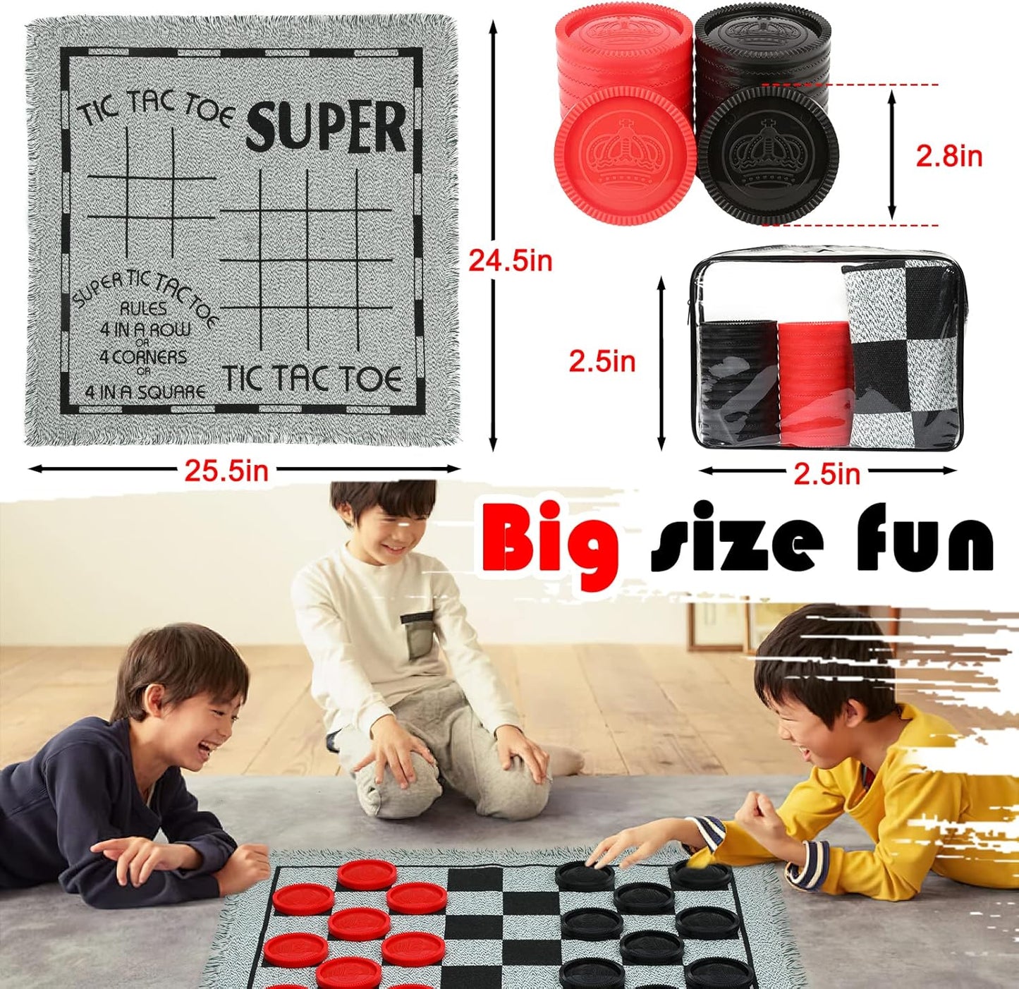Giant Checkers Board Game Set,3 in 1 Tic Tac Toe Board Draughts Reversible Rug Game for Kids & Adults, Big Checker Floor Game Mat,Indoor Outdoor Yard Game for Family Camping Party