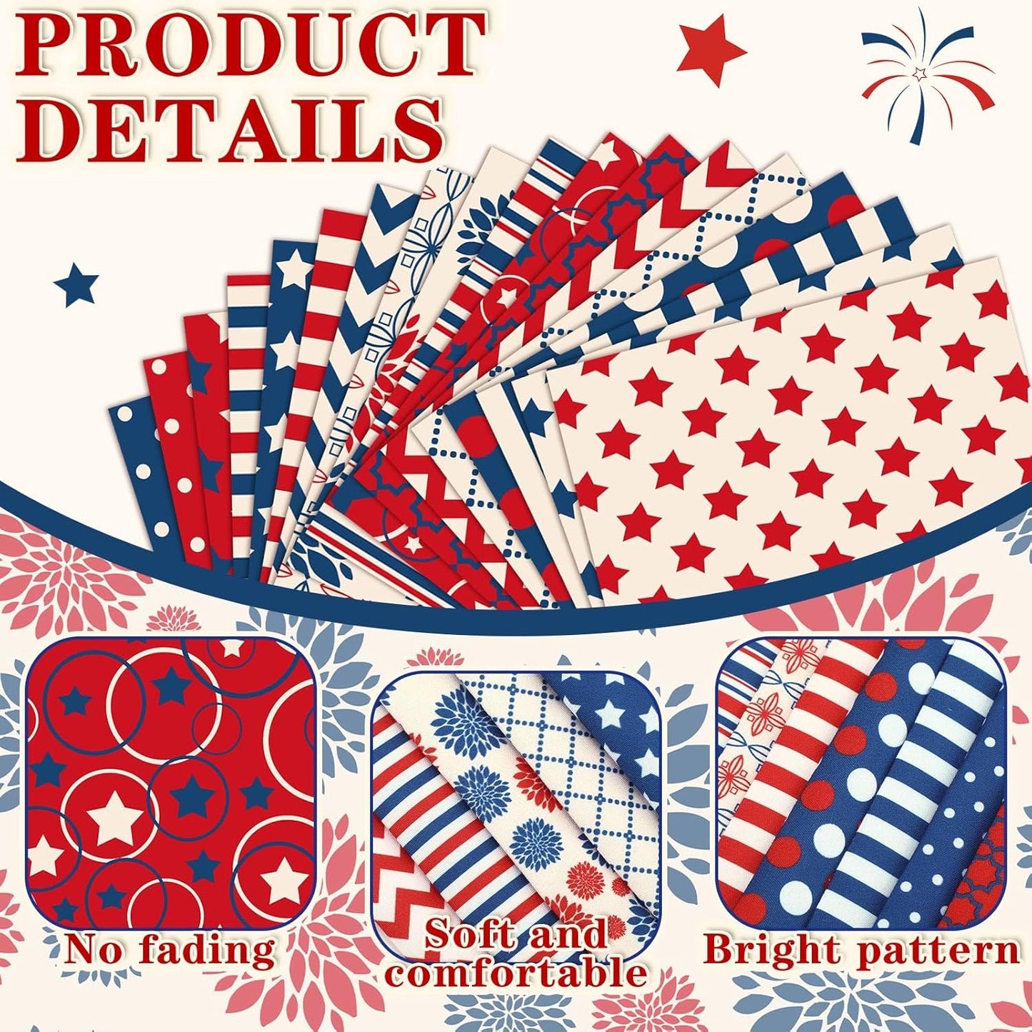 Ganeen 60 Pcs 10 x 10 Inch Vintage Patriotic Quilting Fabric Squares Red Blue White Fabric Bundle Retro 4th of July Fat Patchwork Precut Stripes for Memorial Day Handmade Material Sewing DIY Crafts
