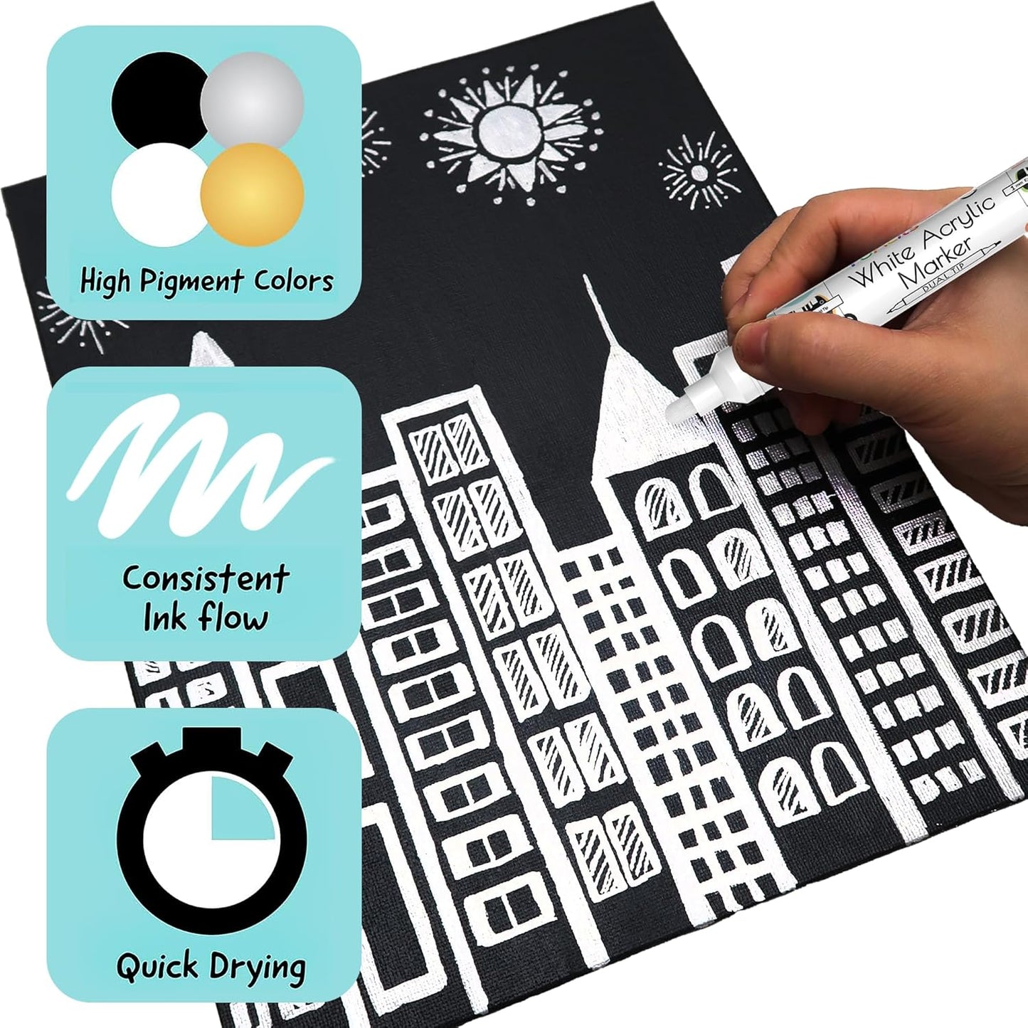 4 Dual Tip White Paint Pen - Extra Fine Tip & Medium - Permanent ink, White Acrylic Paint Pen for Wood, Fabric, Glass, Plastic, Ceramic, Rocks, Coloring Book Art - Acrylic Markers, Quick Dry