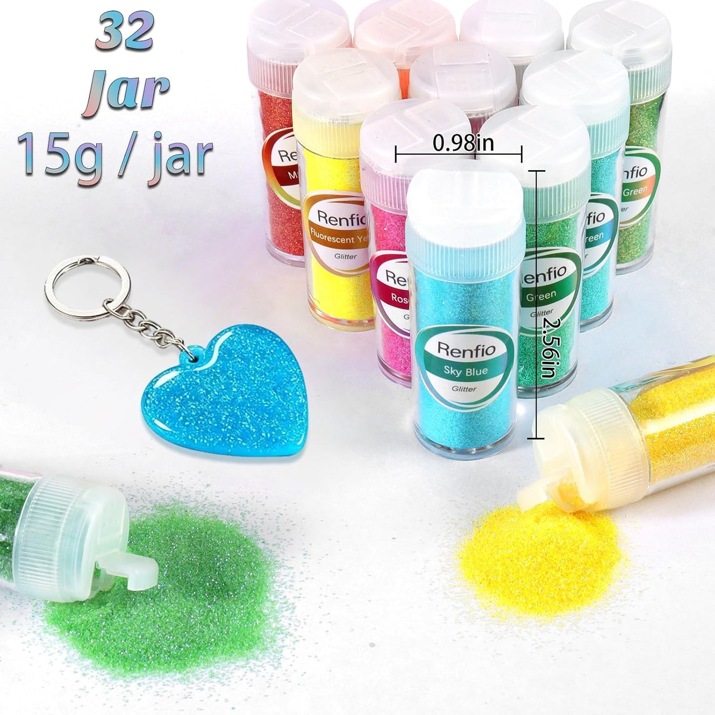 Renfio 32 Colors Iridescent Glitter Set, 16.93oz 480g Ultra Fine Glitter Powder PET 1/128" 0.008" 0.2mm Resin Suppies Assorted Craft Glitter for Fake Nails, Resin Art, Tumblers, Slime, Hair, Bomb