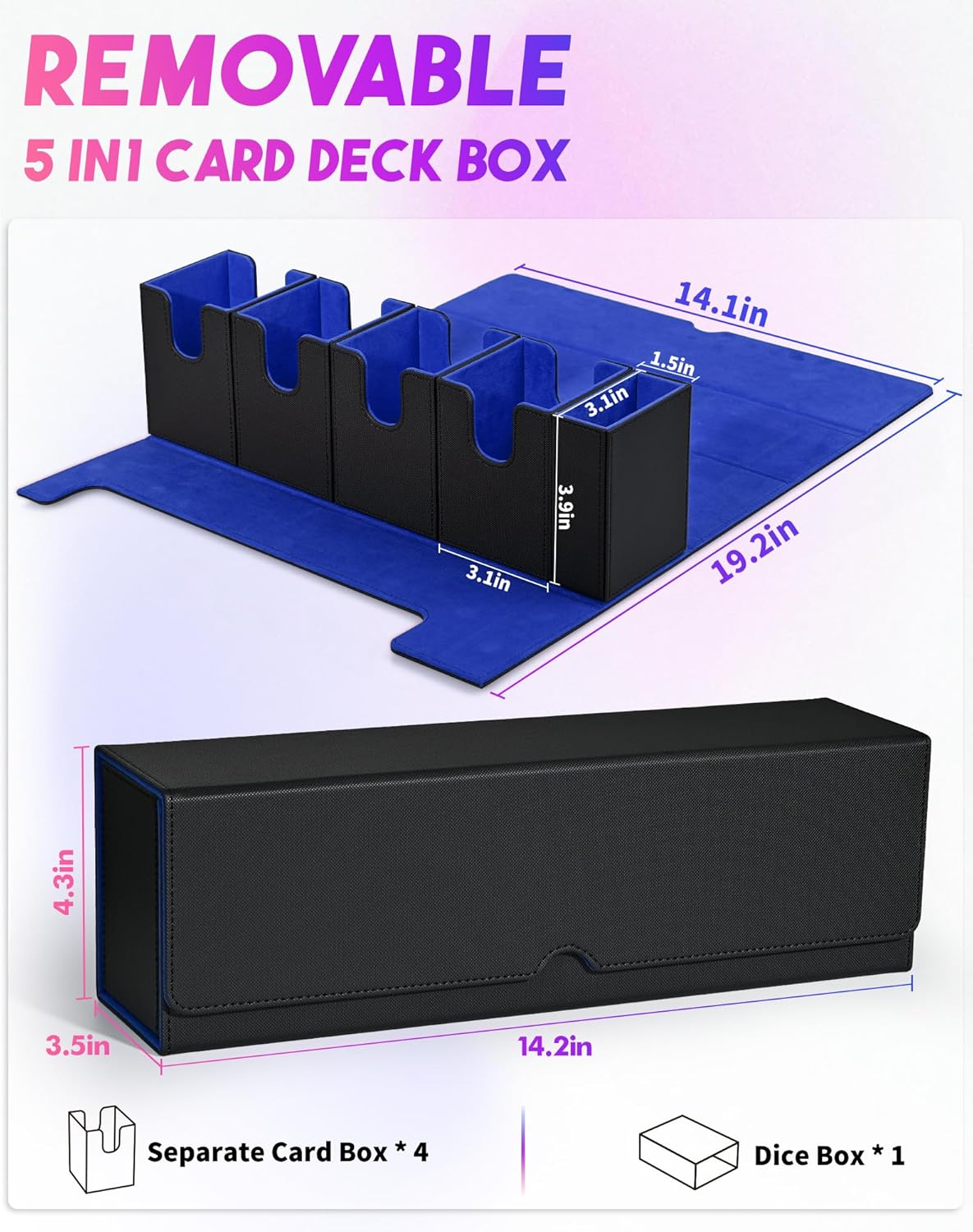 Card Deck Box with Dice Tray for MTG, 5 in 1 Card Deck Case Holds 800+ Unsleeved Cards, Strong Magnet Organizer Compatible with Yugioh TCG Sports Cards (Black Blue)