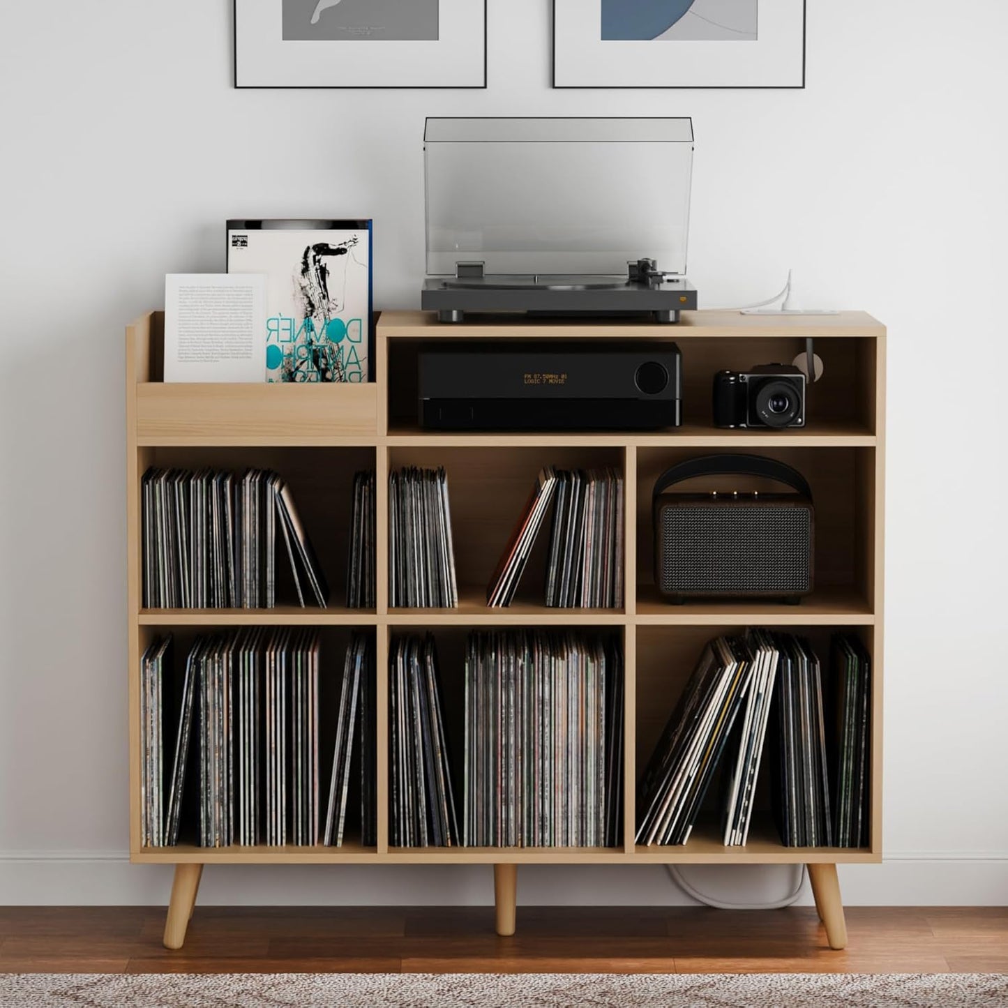 Cozy Castle Large Record Player Stand, Vinyl Storage Cabinet Mid Century Modern Turntable Stand Media Console Table Open Shelf Cube CD Album Holder Organizer for Living Room, Office, Oak