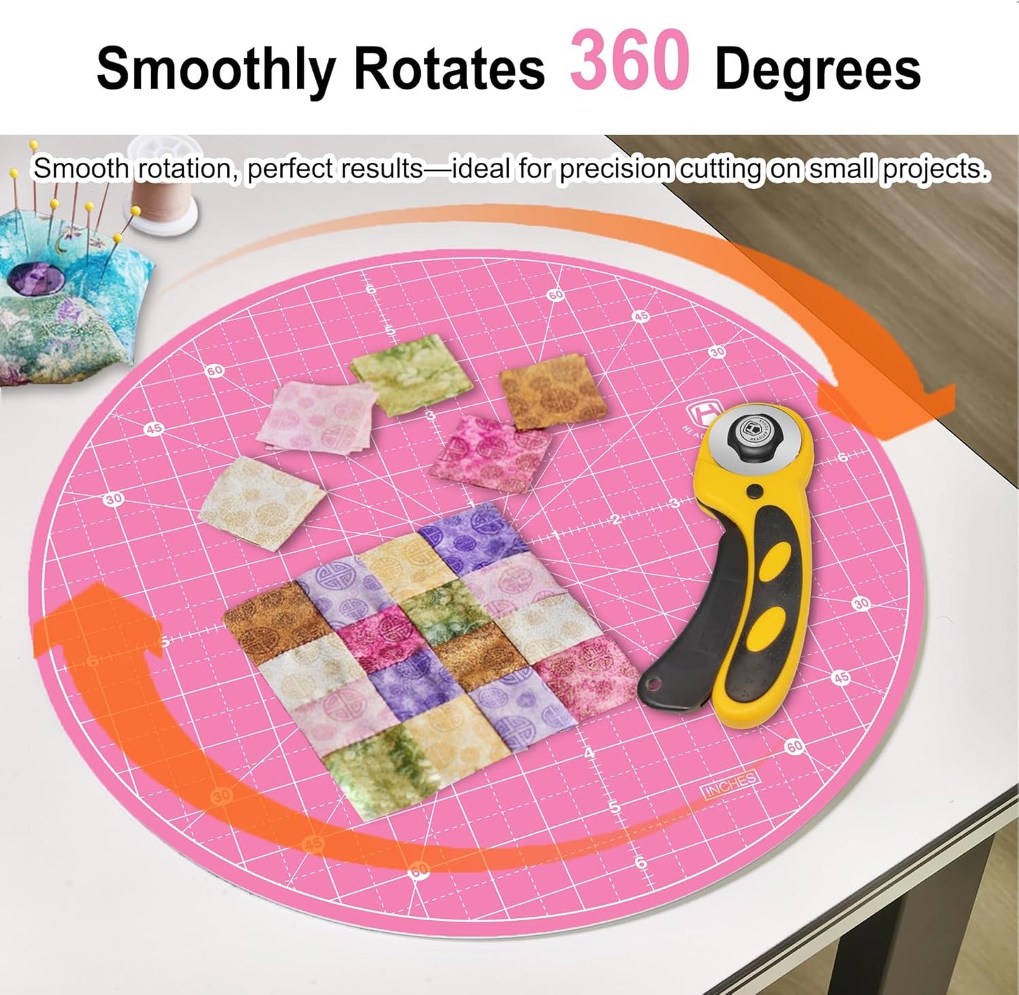 Headley Tools 13"x13" Round Rotating Cutting Mat, Self Healing Mat with 360-Degree Rotation & Anti-Slip Base, Sewing Board Cutting Mat Perfect for Fabric Quilting Leather Hobby Project, Pink