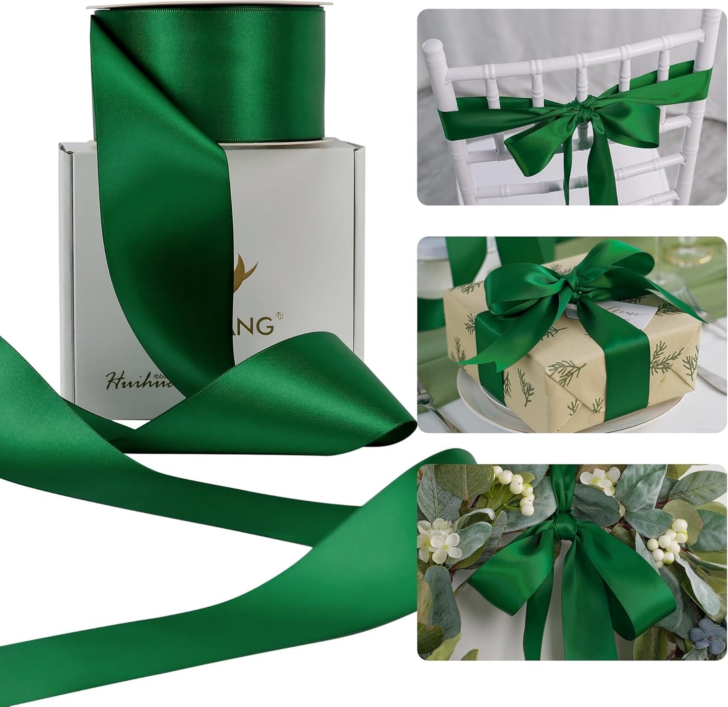 HUIHUANG Forest Green Ribbon 2 inch Double-Faced Forest Green Silk Fabric Ribbon for Christmas, Crafts, Bows Making, Flower Bouquet Wrap, Gift Wrapping, Home Decor, Hairs-25 Yards/Roll