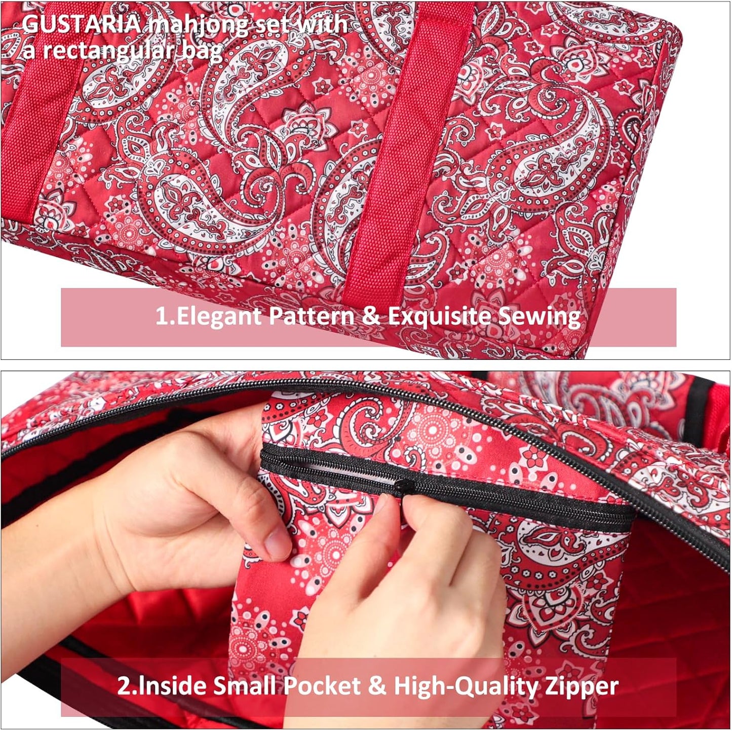 American Mahjong Game Set, 166 White Tiles, 4 All-in-One Color Rack/Pushers, Complete Mahjong Tile Set Red Printed Carrying Bag