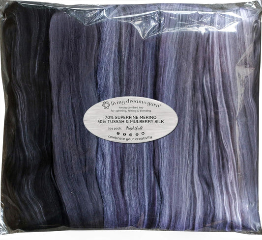Merino Silk Luxe Tonal Designer Blend. Superfine Merino, Mulberry, Tussah Silk. Top Roving for Spinning or Felting. Nightfall 5oz