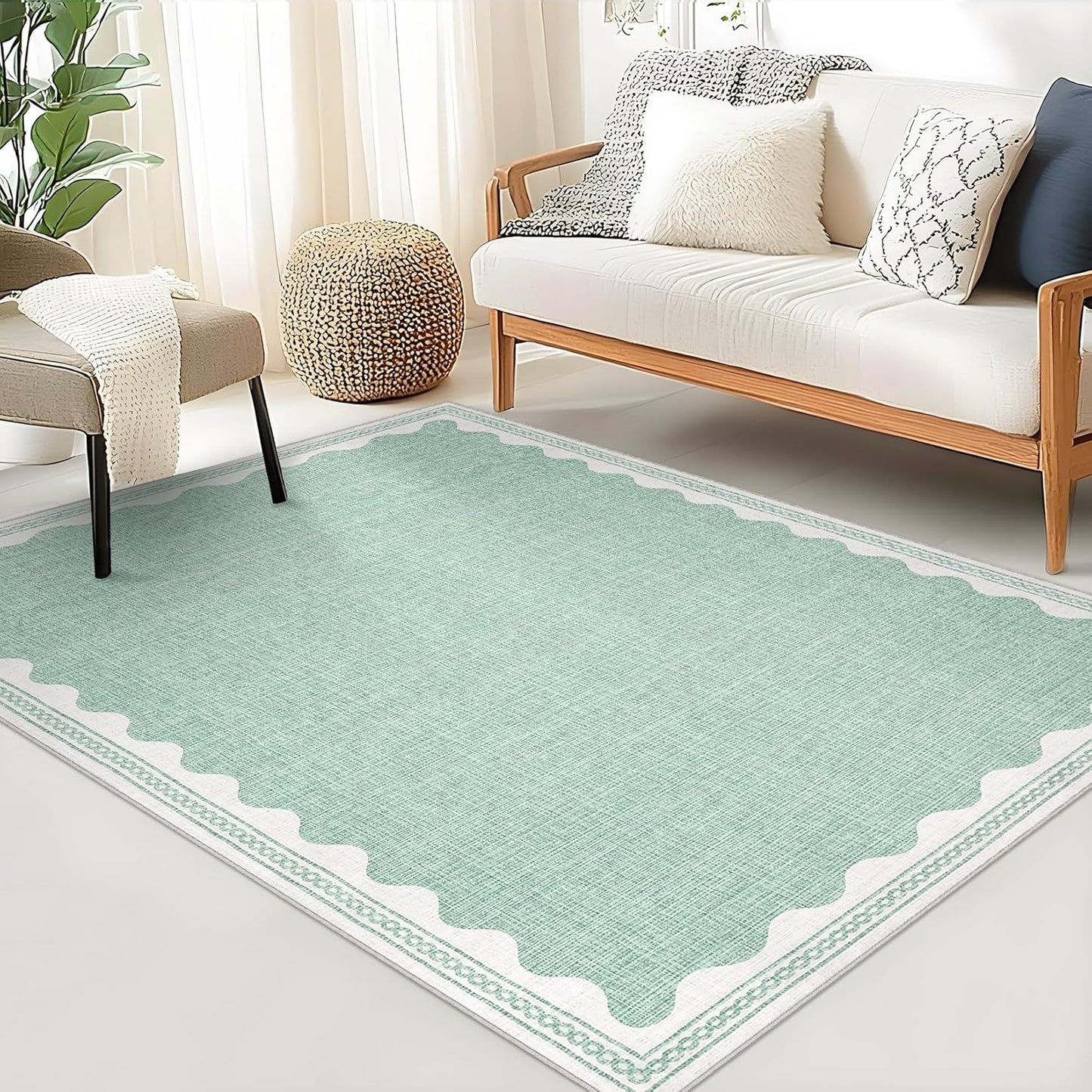 Scalloped 3x5 Rugs for Entryway, Small Area Rug Solid Green Rug for Bedroom Girls, 3x5 Washable Rugs for Living Room, Non Slip Scalloped Bath Mat, Soft Dorm Nursery Carpet for Bedside