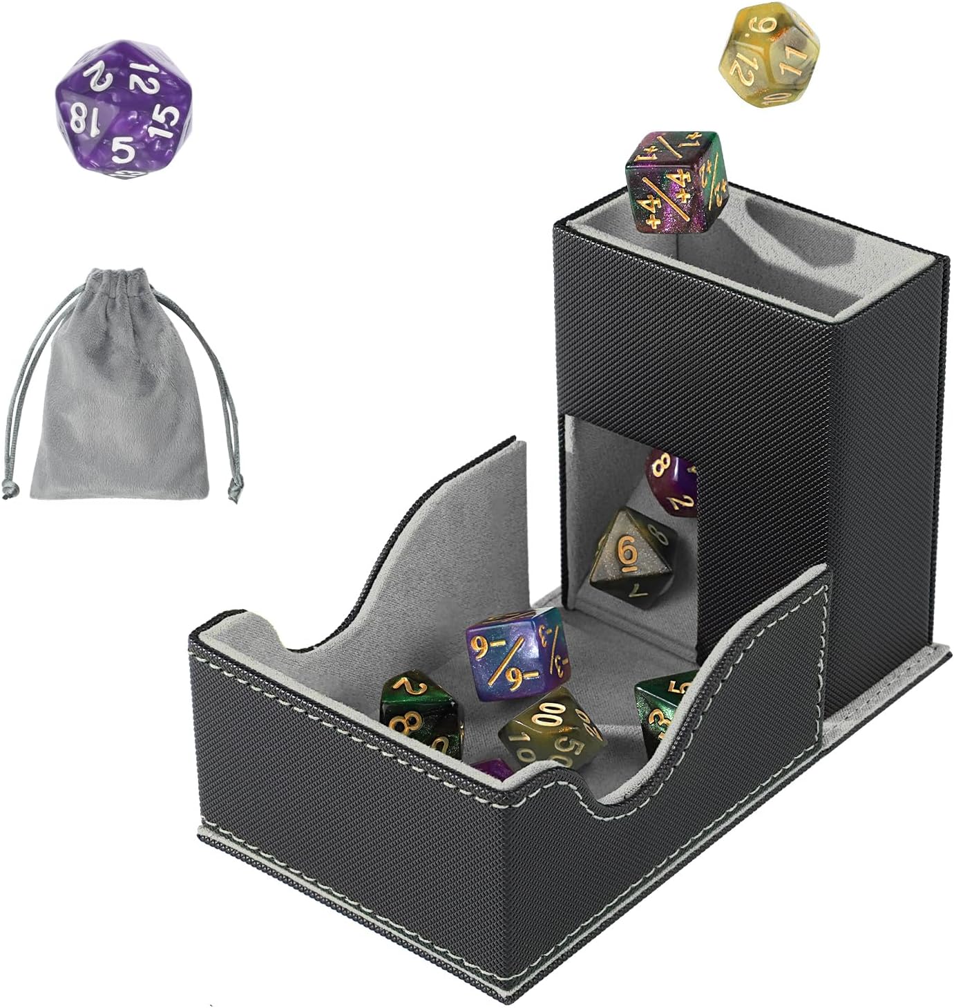 Dice Roller Tower, Premium DND Magnetic Dice Tray, Foldable PU Leather Dice Tower RPG Gifts for Dungeons and Dragons MTG Dm & Player Black/Grey