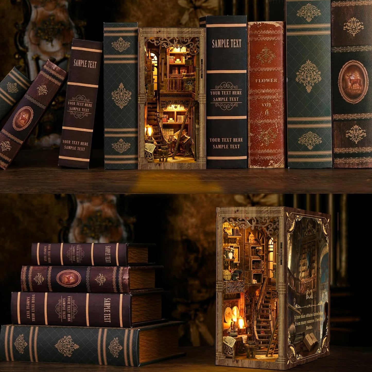 Book Nook Kits for Adult, DIY Miniature House Kit 3D Wooden Puzzles Miniature House Booknooks Dollhouse Bookend Bookshelf Insert Decor with LED Light Gift - Ancient Book Collection Room