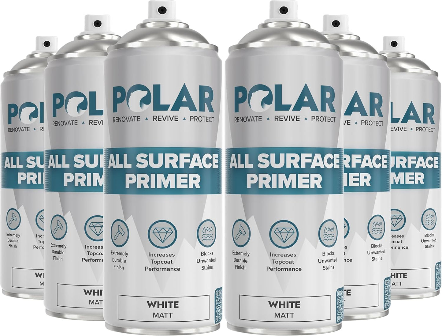 Polar All Surface Primer Matte White - 6 x 13.5 Fl Oz - Ideal for Wood, Metal, Plastic, Brick - Enhanced Adhesion & Quick Drying