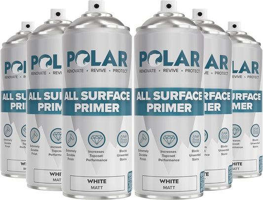 Polar All Surface Primer Matte White - 6 x 13.5 Fl Oz - Ideal for Wood, Metal, Plastic, Brick - Enhanced Adhesion & Quick Drying