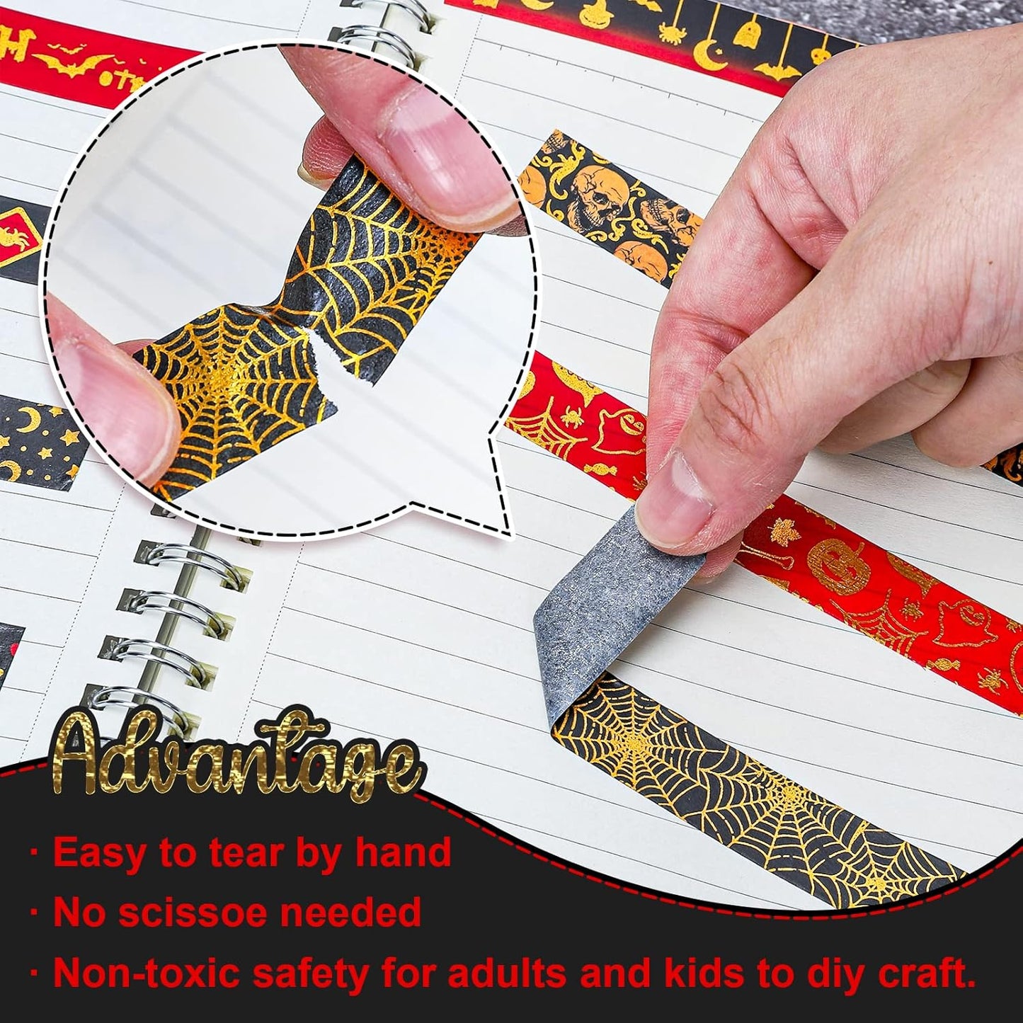 Whaline 12 Rolls Halloween Washi Tapes Red Black Foil Gold Decorative Tapes Skull Spider Web Pumpkin Pattern Masking Tapes for Halloween Scary Scrapbook Journal DIY Craft Gift Wrapping, 9.8Ft