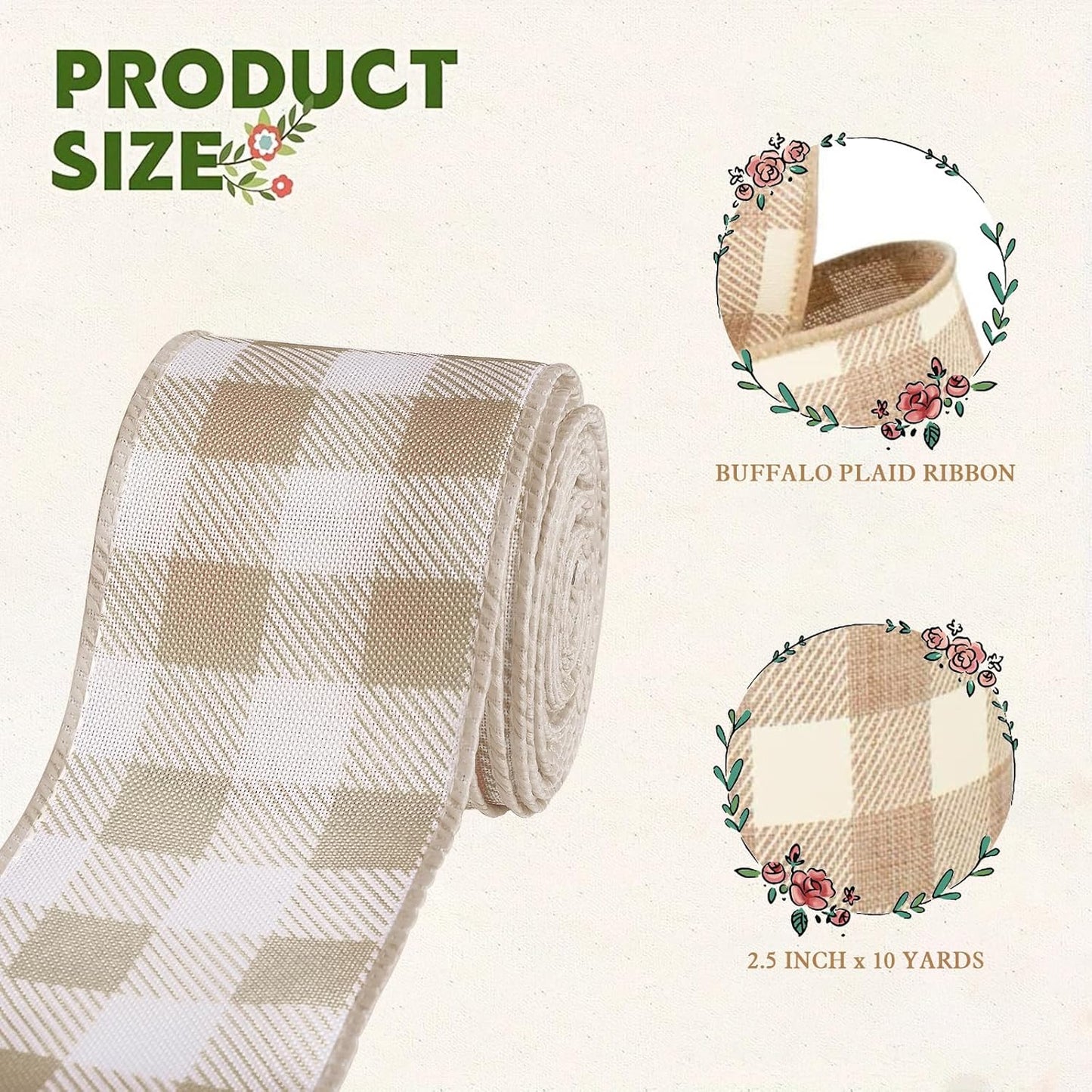 Burlap Ribbon Wired, Farmhouse Buffalo Plaid Ribbon Rustic Fabrics for Gifts Wrapping DIY Crafts Floral Bows Wreath Making Party Supplies Holiday Home Decoration, 2.5 Inch x 10 Yards