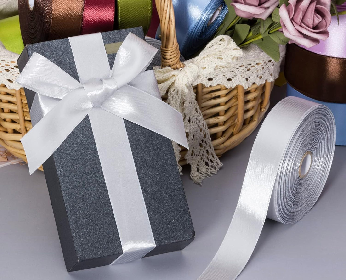 1 Inch Silver Solid Satin Ribbon, 50 Yards Craft Fabric Ribbon for Gift Wrapping Floral Bouquets Wedding Party Decoration