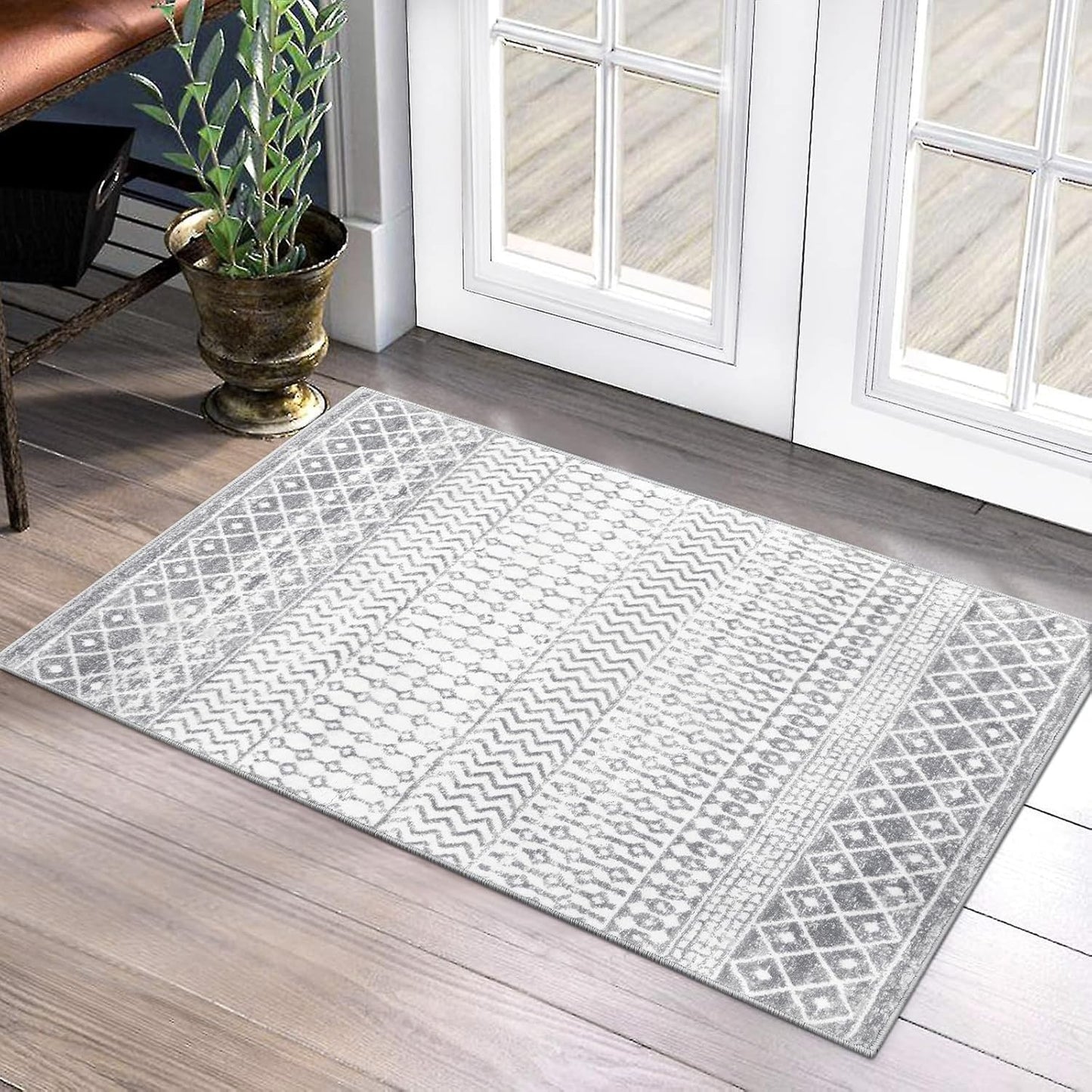 Moroccan Washable Rugs, 2x3 Grey Rug Non-Slip Small Distressed Entryway Rugs, Soft Low-Pile Bedroom Rug Indoor Doormat Carpet for Entryway Kitchen Bathroom