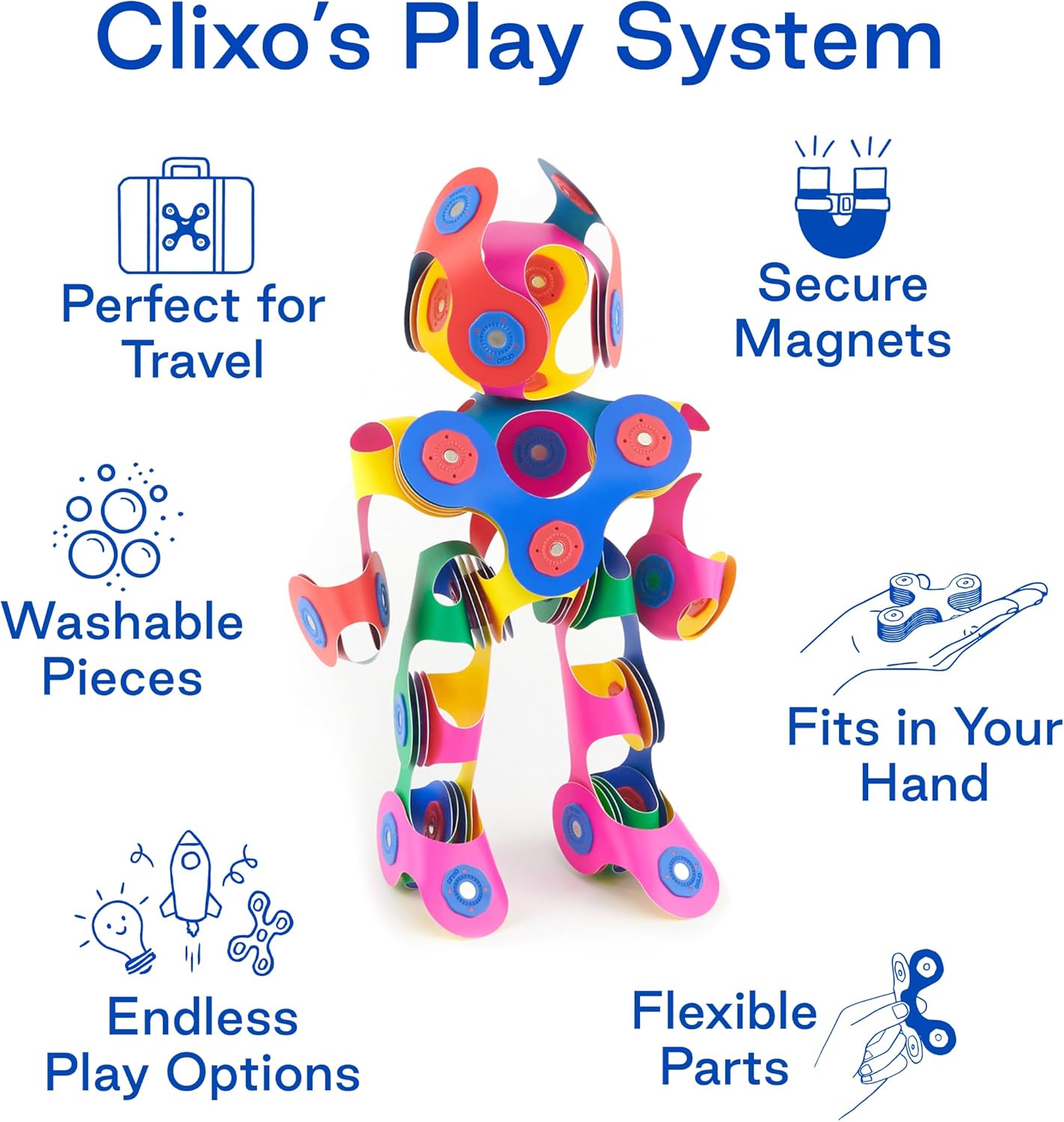 Clixo Rainbow 42 Piece Pack. Flexible Imagination Boosting Magnetic Building Toy. Modular Designs for Hours of STEM Play. Kids Basket Stuffer Gift. Multi-Sensory Magnet Toy, Travel Friendly. Ages 4-99