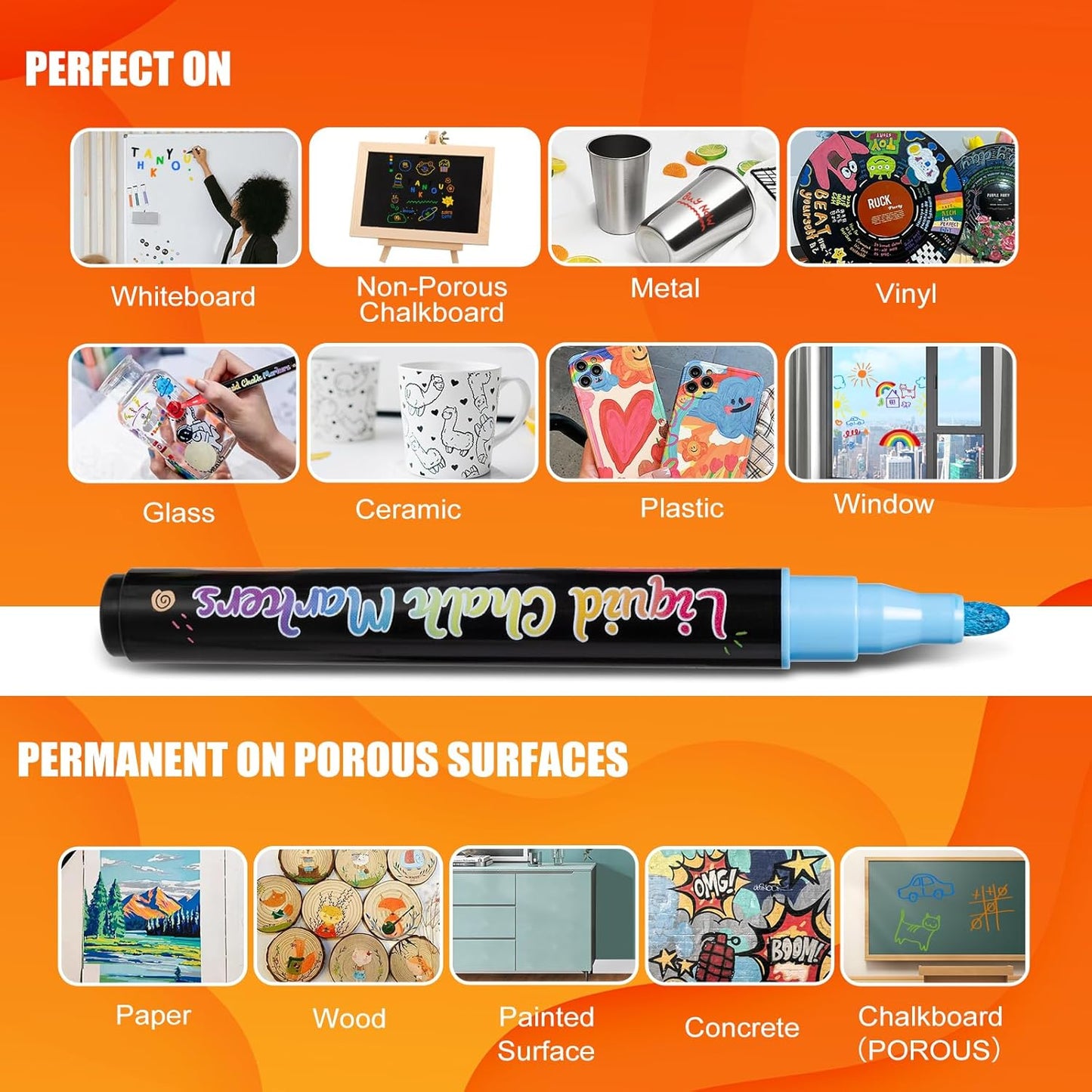 Chalk Markers, Vibrant Color Liquid Chalk Pens, for Chalkboard, Blackboard, Window, Glass, Mirror, Water-Based, Non-Toxic, 6mm Reversible Tip, 8 Pack