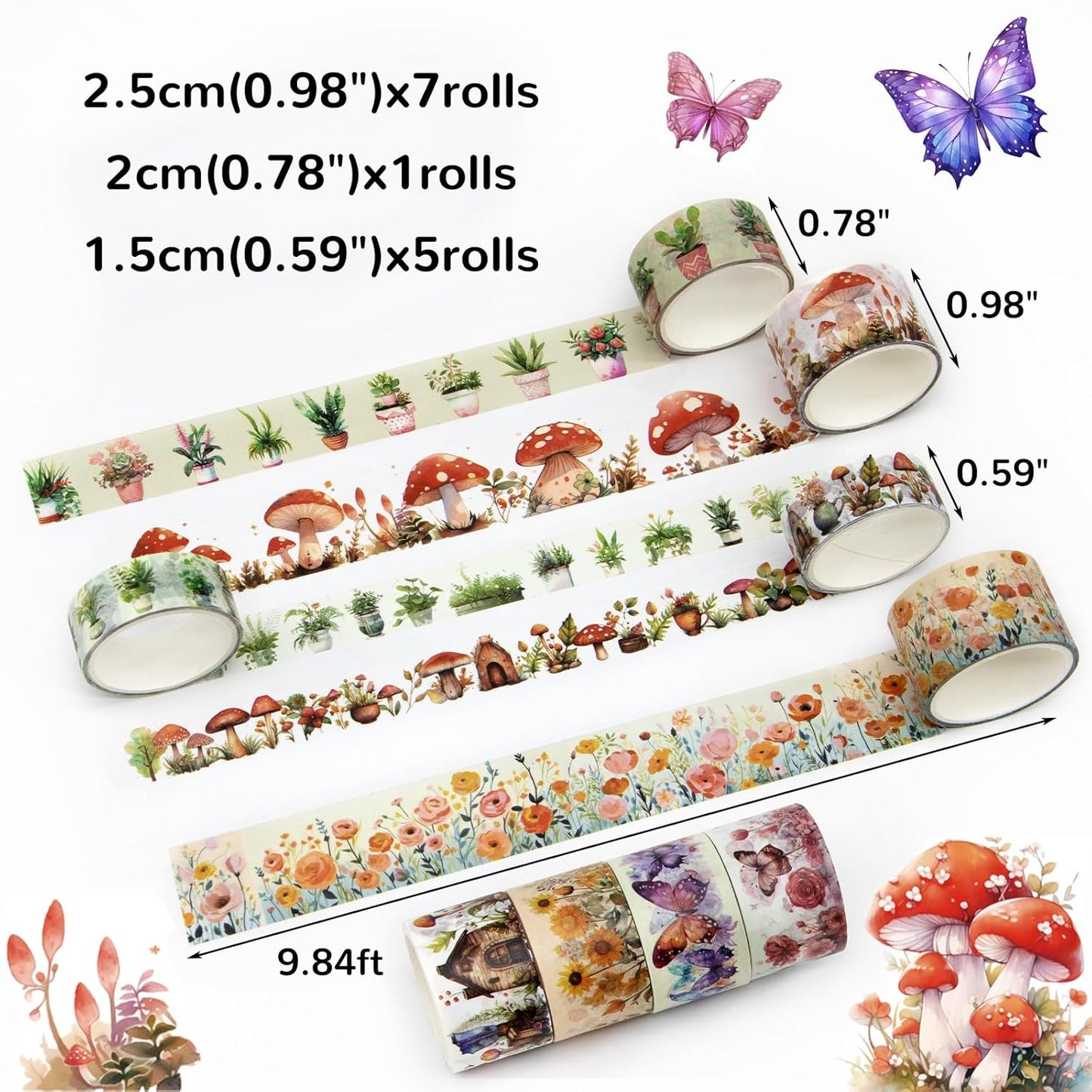 Washi Tape Set 13 Rolls - Mushroom Butterfly Floral Decorative Tape, Colored Masking Tape for Scrapbooking Supplies, Bullet Journal Supplies, Junk Journal, DIY Crafts Art