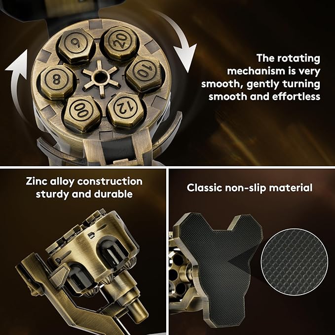 ASTRANOVA Metal Bullet Dice Set with Spinning Revolver Cylinder Holder for DND, Tabletop Games(Bronze)