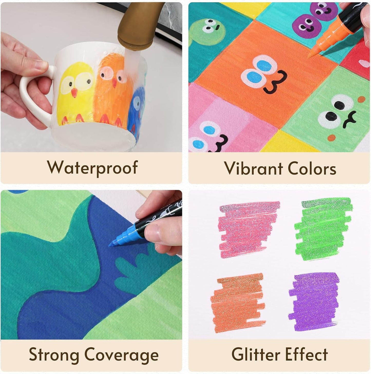 TOSAHRE 72 Colors Dual Tip Glitter Markers & Acrylic Marker Set Paint Pens 24 Pack+ Glitter Brush Marker 24 Pack (48 Colors) for Coloring Rock Wood Painting Scrapbooking Card Making & DIY (48 Pack)