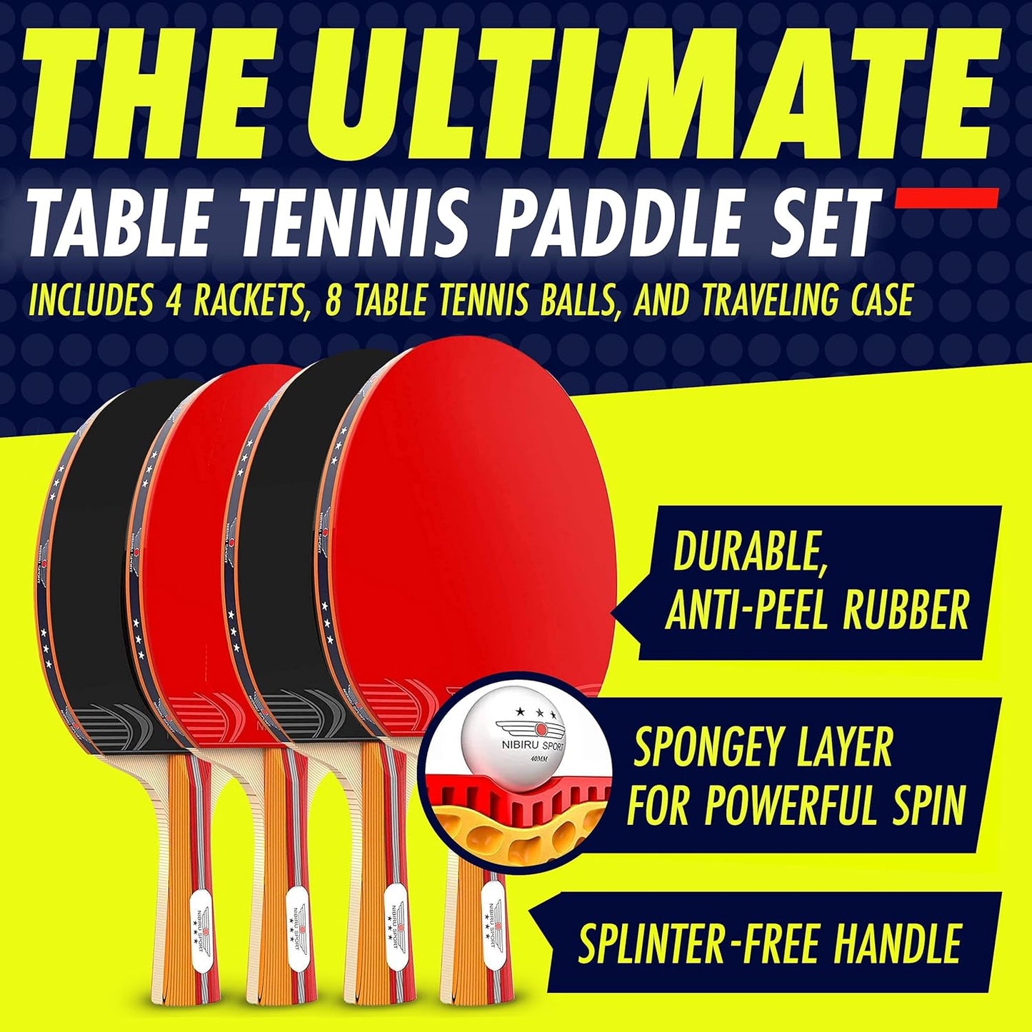NIBIRU SPORT Professional Ping Pong Paddle Sets, 2 Paddle or 4 Paddle Table Tennis Set with Tournament Quality Balls and Carry Bag/Storage Case, Table Tennis Equipment & Ping Pong Accessories